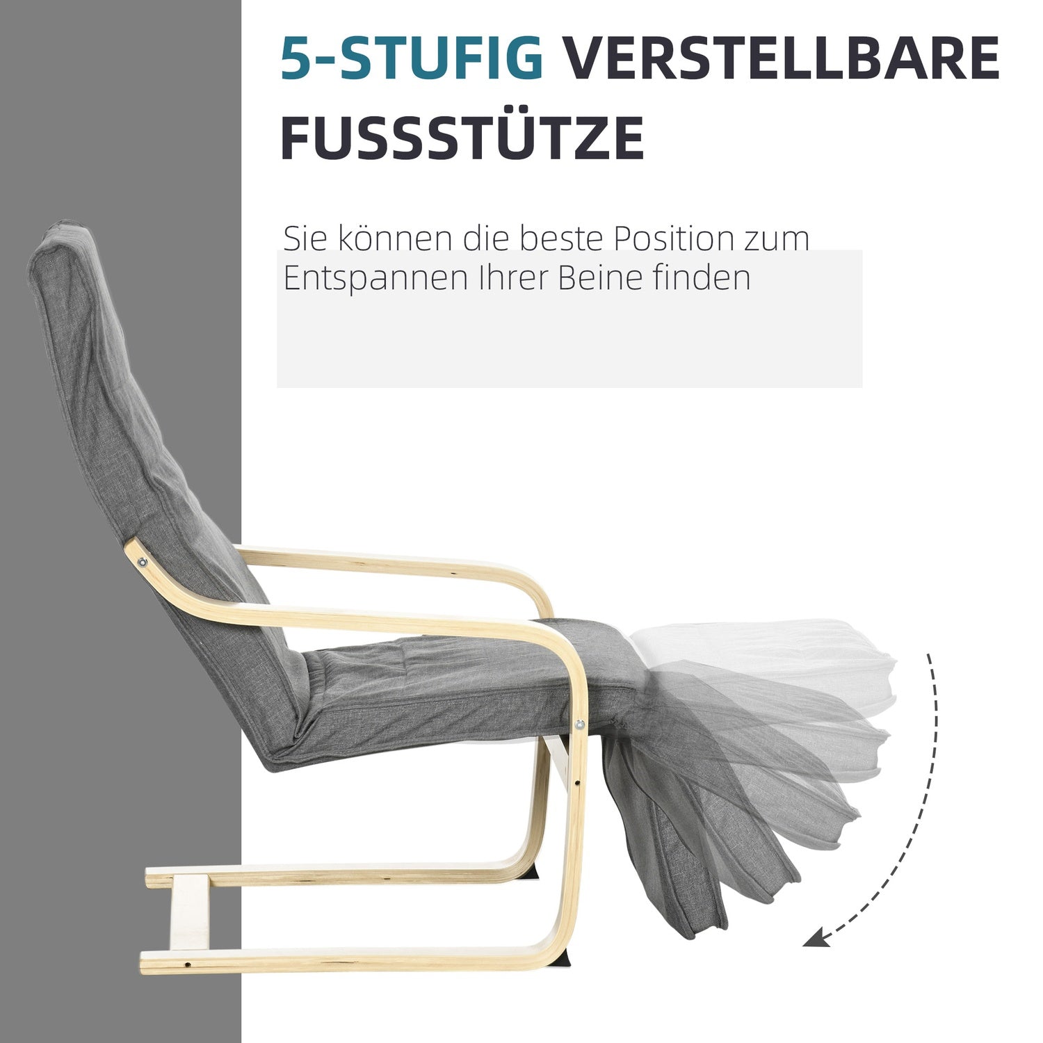 Justerbar vilstol, björkträ, grå linnelook