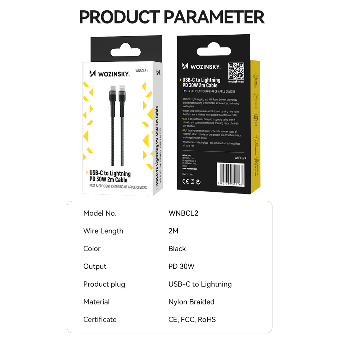 Kabel för iPhone USB-C - Lightning PD 30W 2m svart