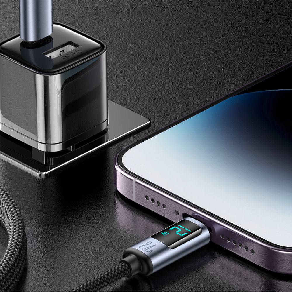 Kabel för iPhone med LED Lightning-display - USB-A 2,4A 1,2m svart