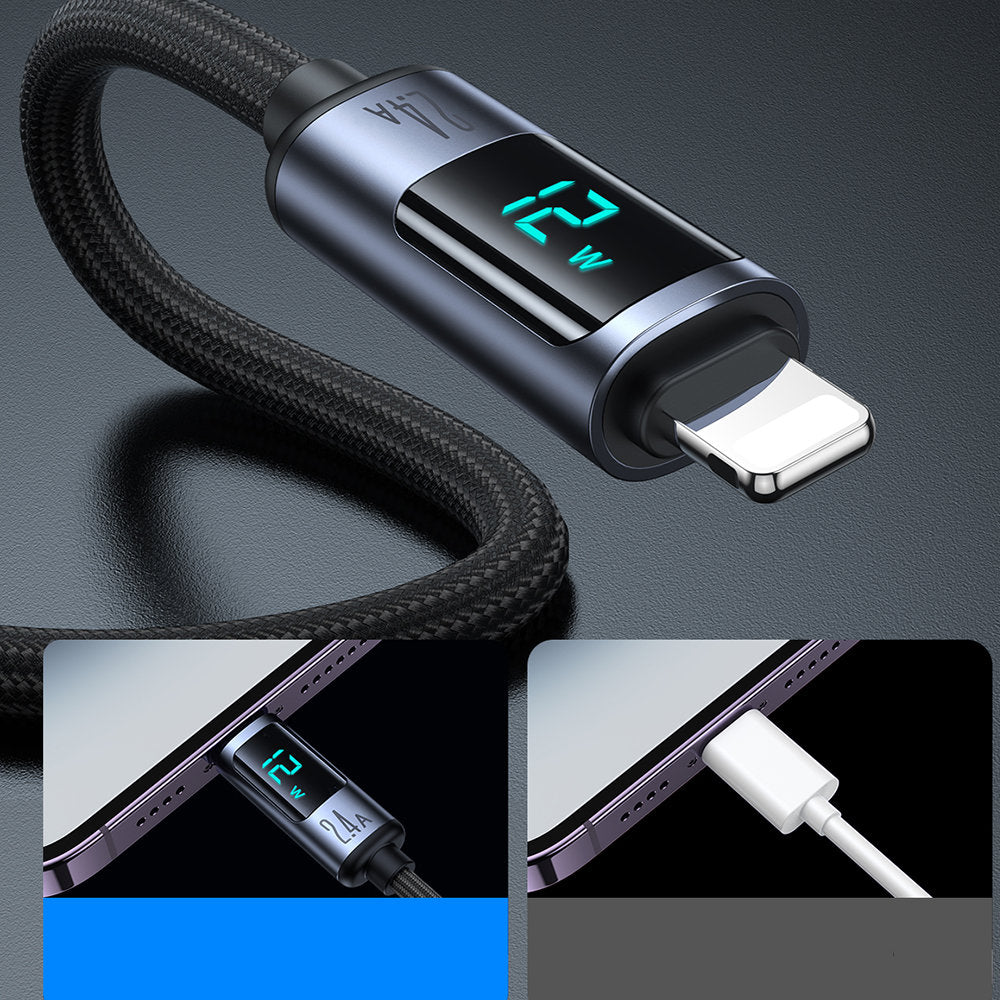 Kabel för iPhone med LED Lightning-display - USB-A 2,4A 1,2m svart