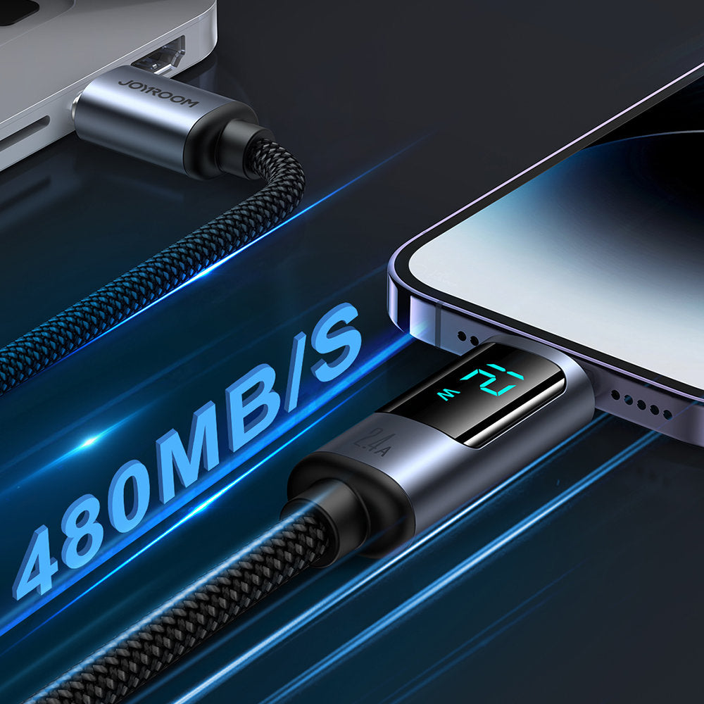 Kabel för iPhone med LED Lightning-display - USB-A 2,4A 1,2m svart