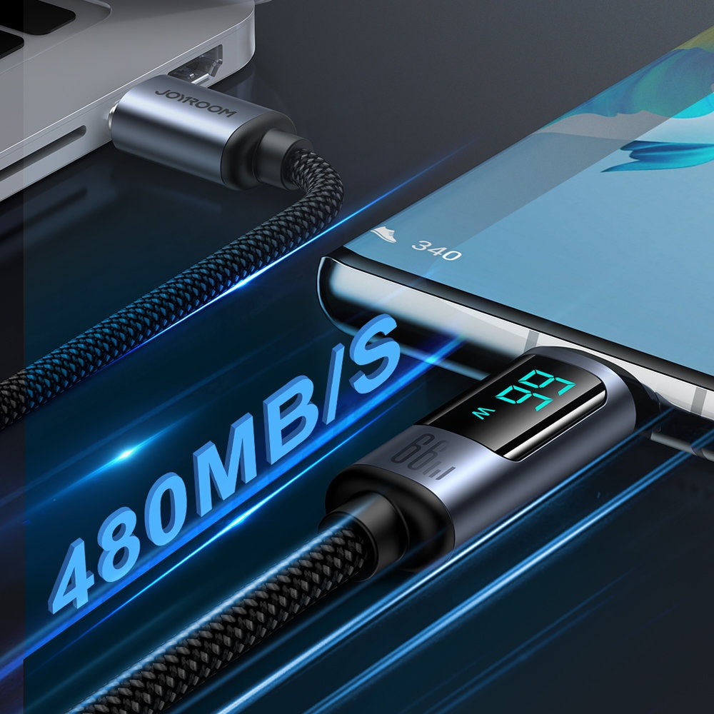Kabel med LED-display USB-C - USB-A 66W 1,2m svart