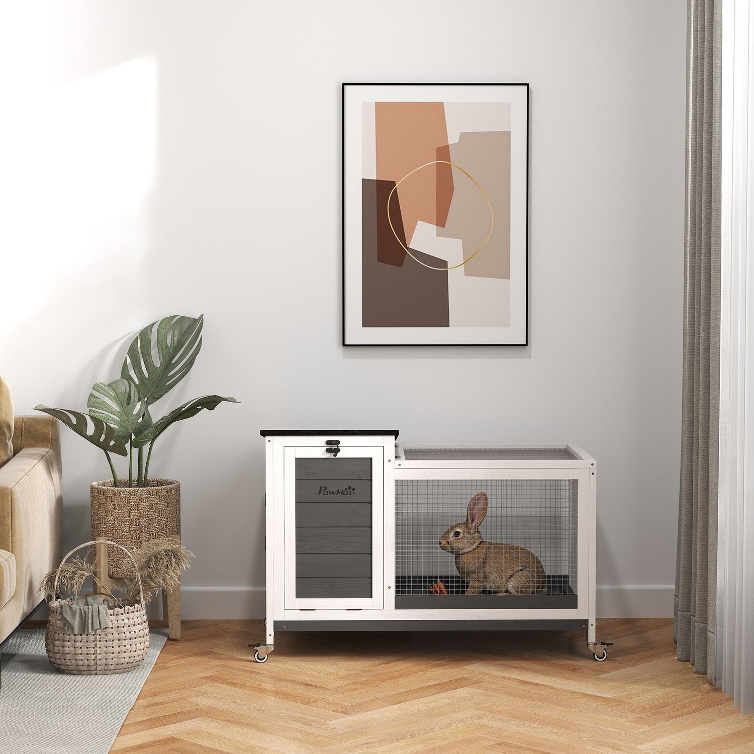 Kaninbur i trä med hjul och utomhuslöpning, vintertät