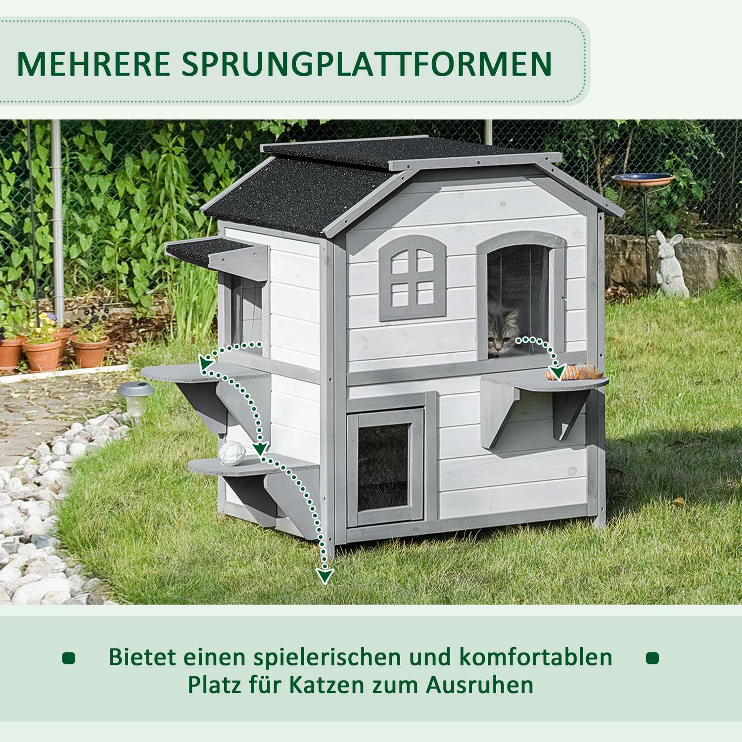 Utomhus katthus i trä med trappor för små katter