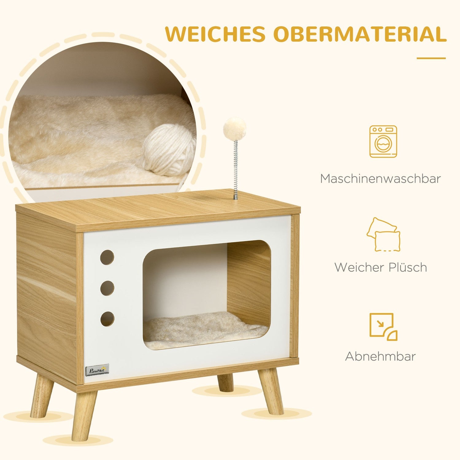 Katthus med lekboll & kudde, ek/beige/vit 50x28x43 cm