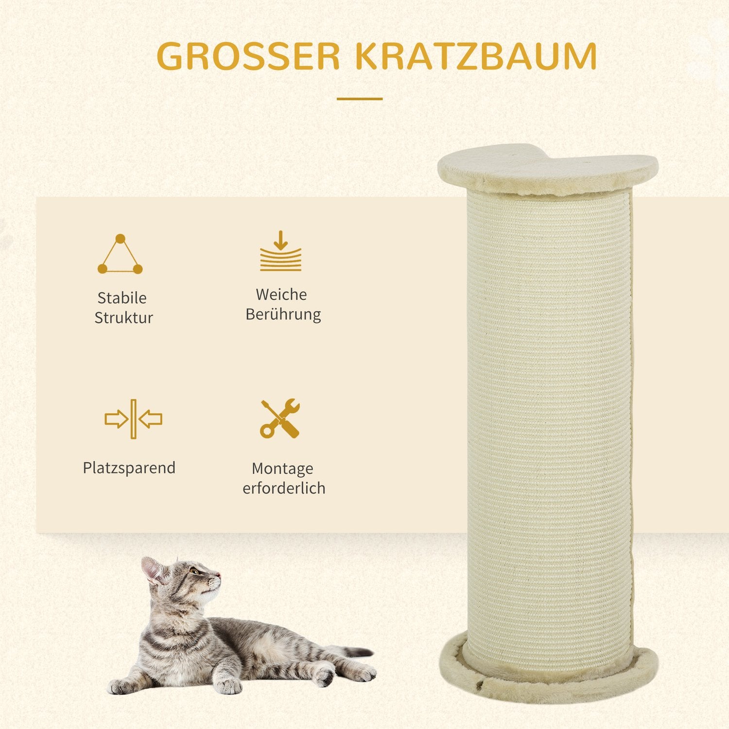 Kattskrapstolpe, 85 cm, sisalrep, plyschkräm