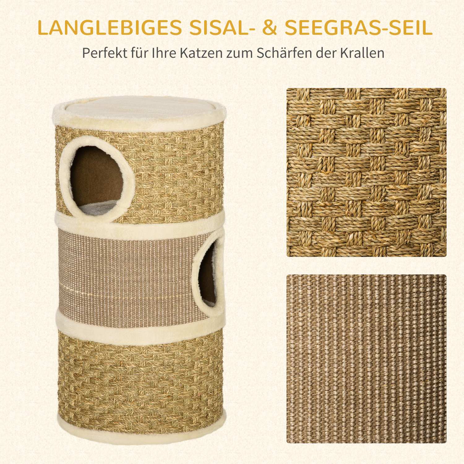Cat Scratching Barrel, 3-Level Sisal Plysch, 37,5x70 cm