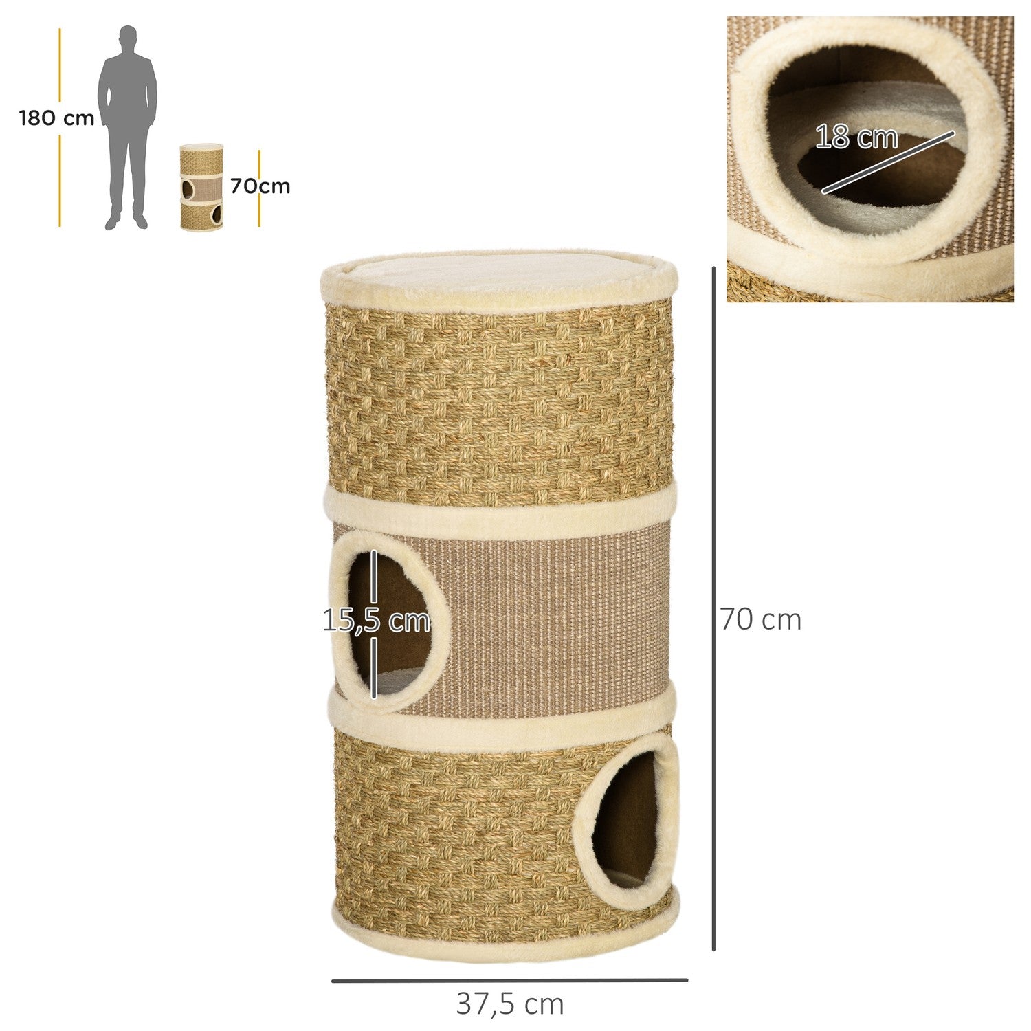 Cat Scratching Barrel, 3-Level Sisal Plysch, 37,5x70 cm