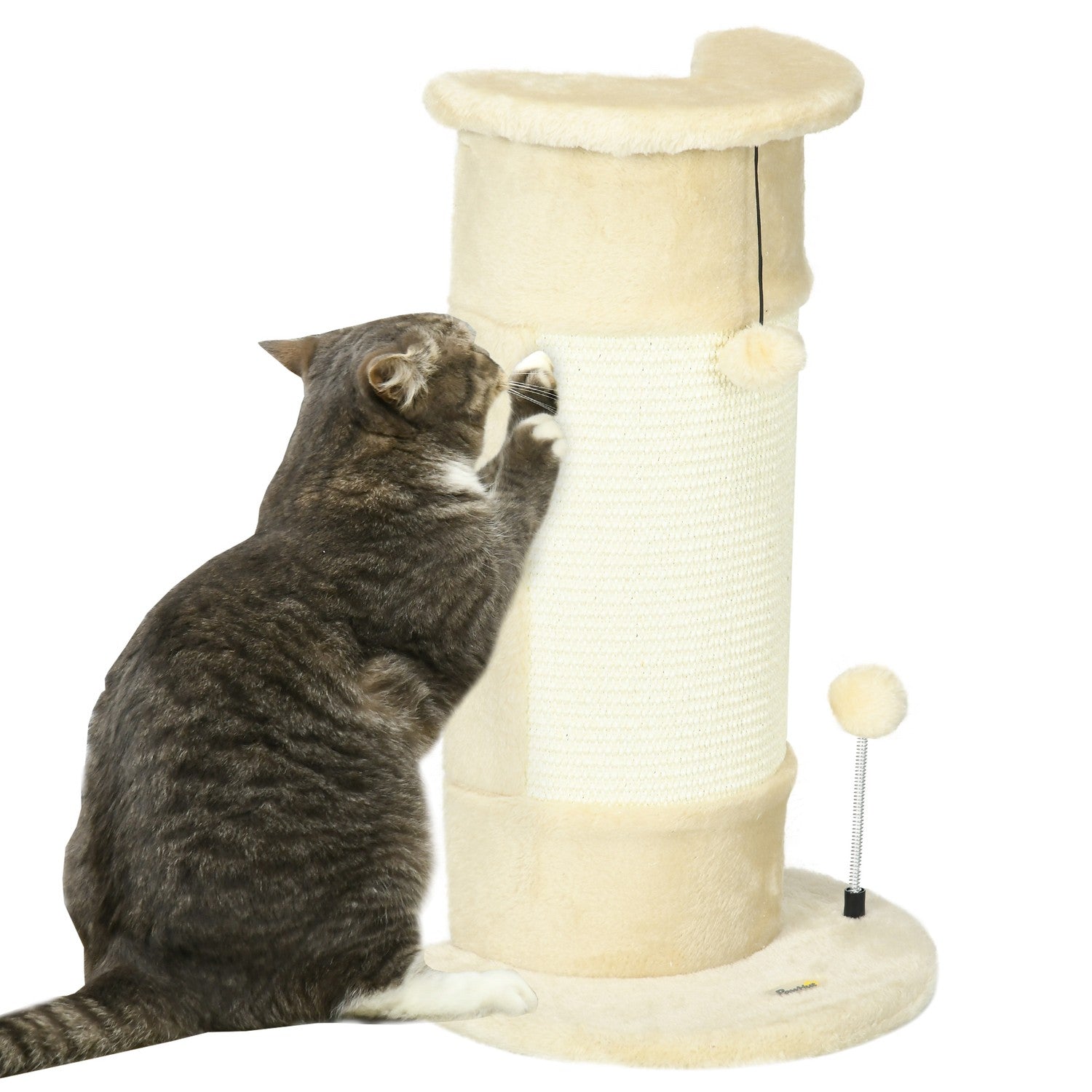 Kattskrapstolpe med boll – 58 cm sisal, gräddvit