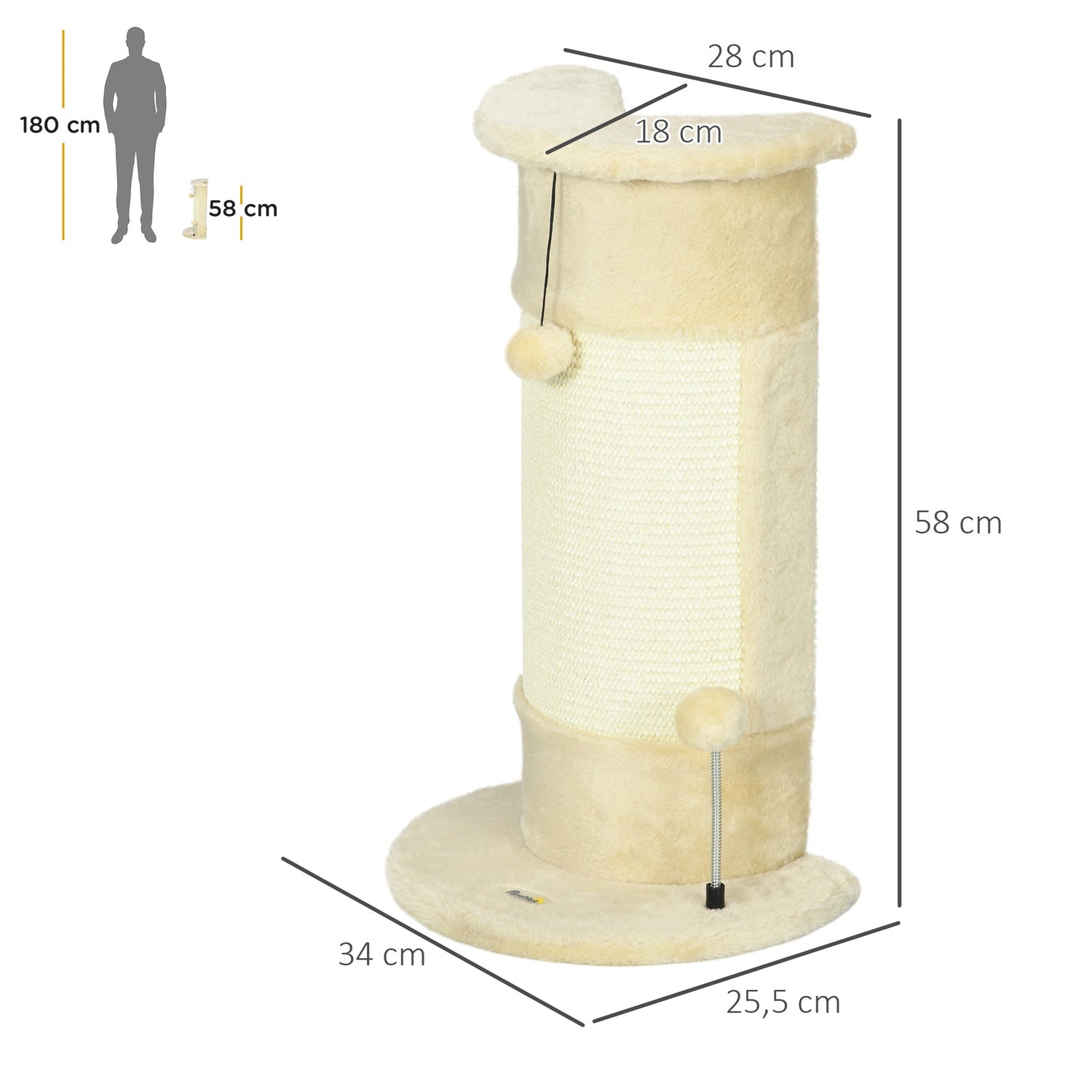 Kattskrapstolpe med boll – 58 cm sisal, gräddvit