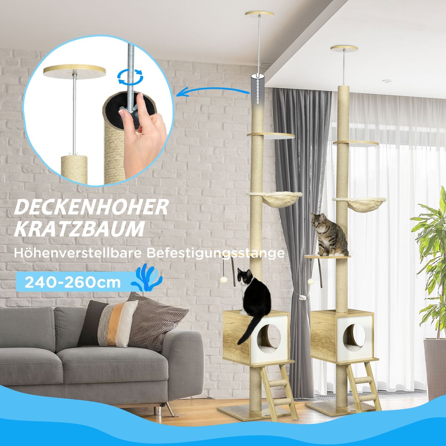 Kattskrapstolpe med högt i tak med hus och hängmatta