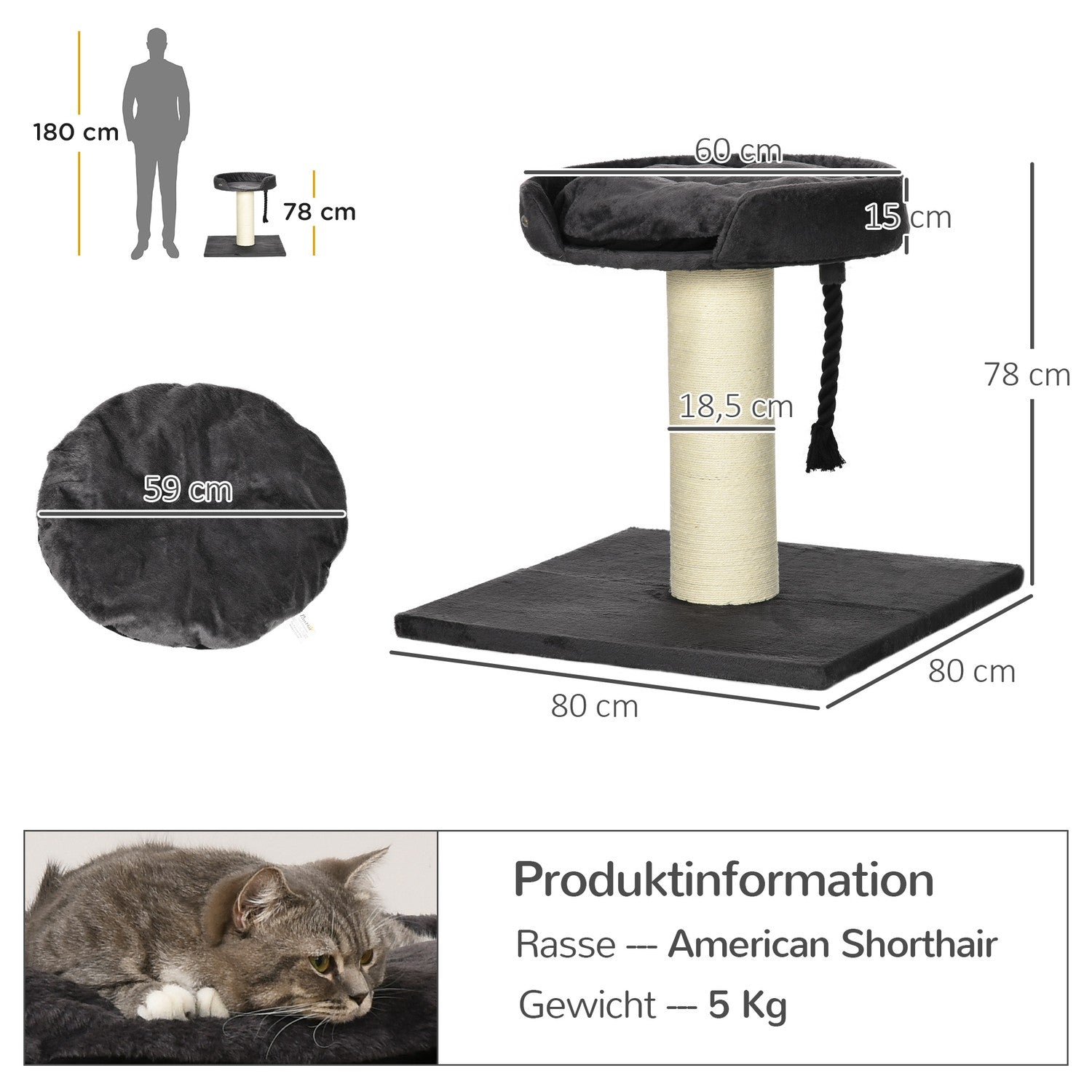 Kattskrapstolpe med säng och sisal, 78 cm, grå