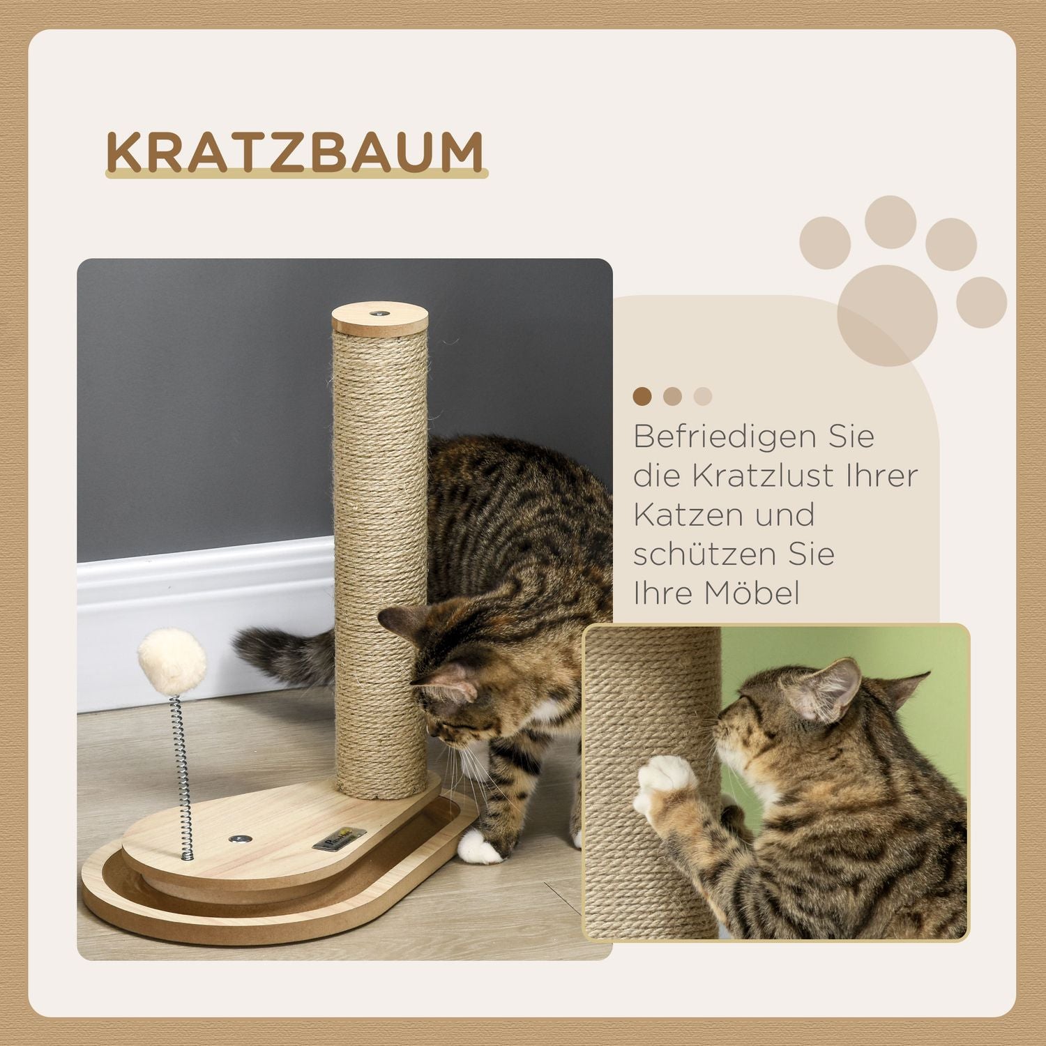 Kattskrapstolpe med träbollleksak, 40 cm, natur