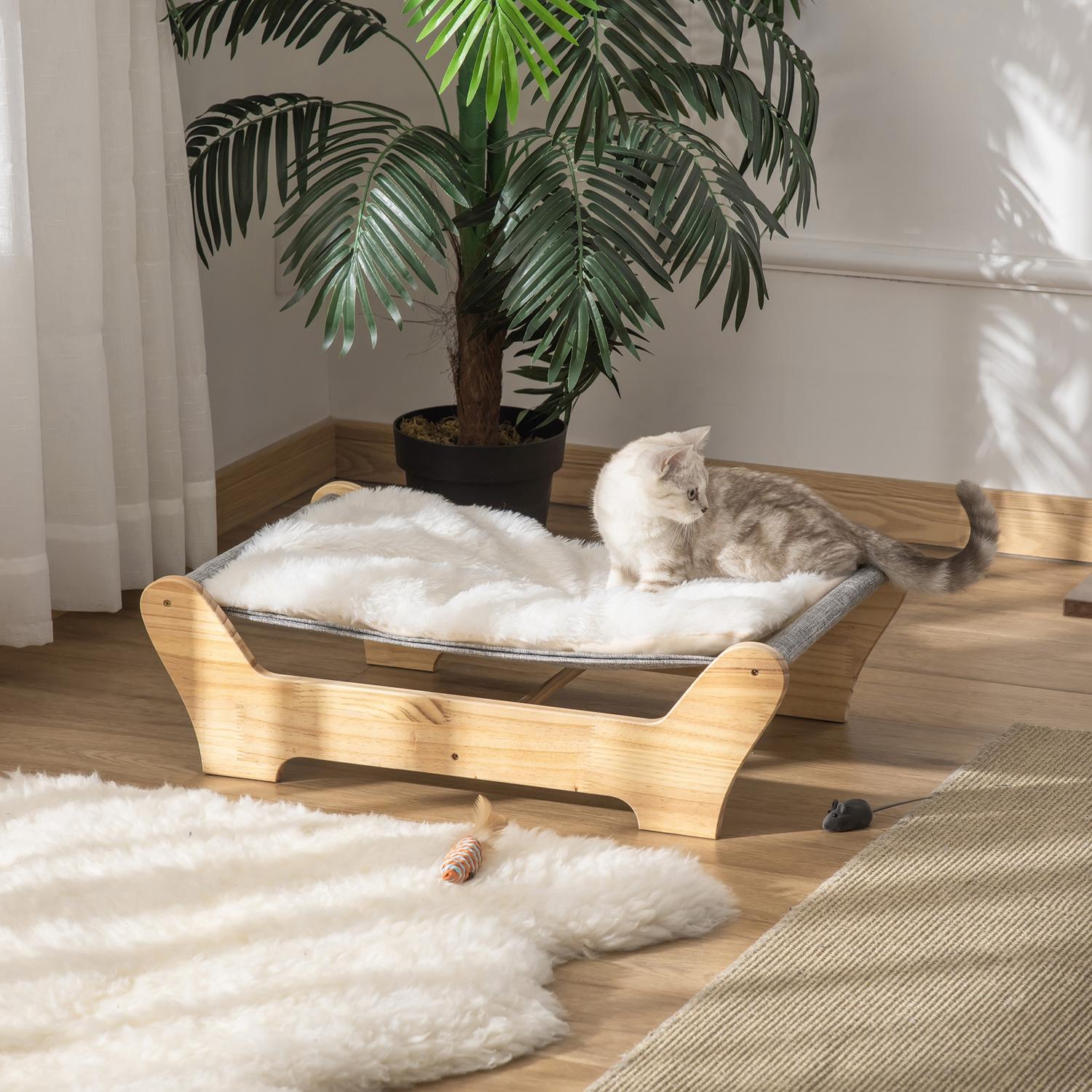 Förhöjd kattsäng Hängmatta med mjuk kudde, furu