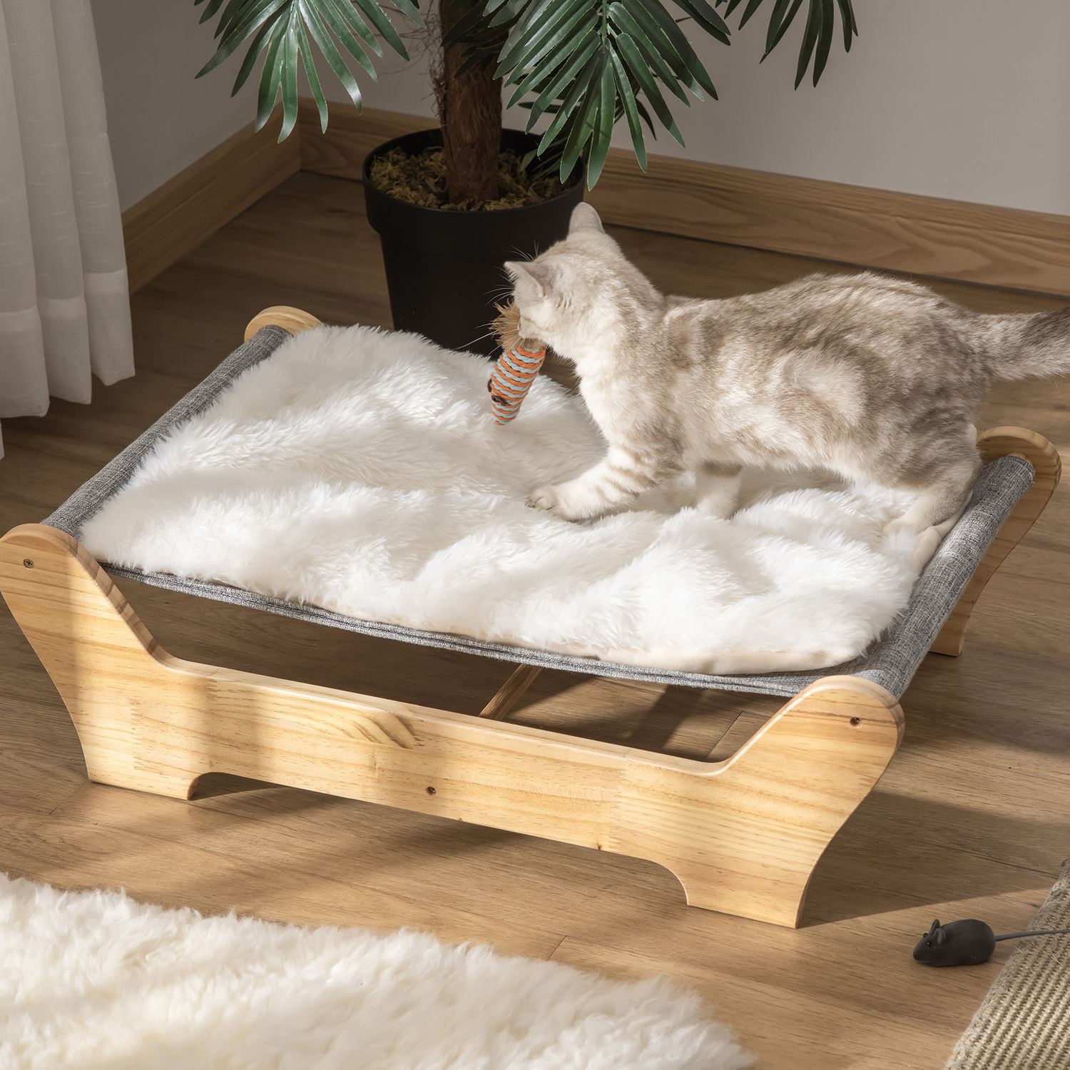 Förhöjd kattsäng Hängmatta med mjuk kudde, furu