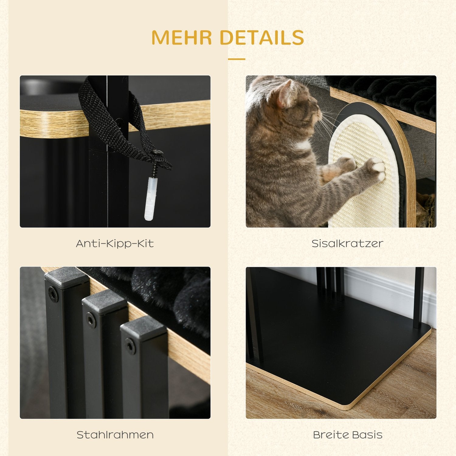 Kattträd 170cm, stort svart stål med kuddar & plattformar