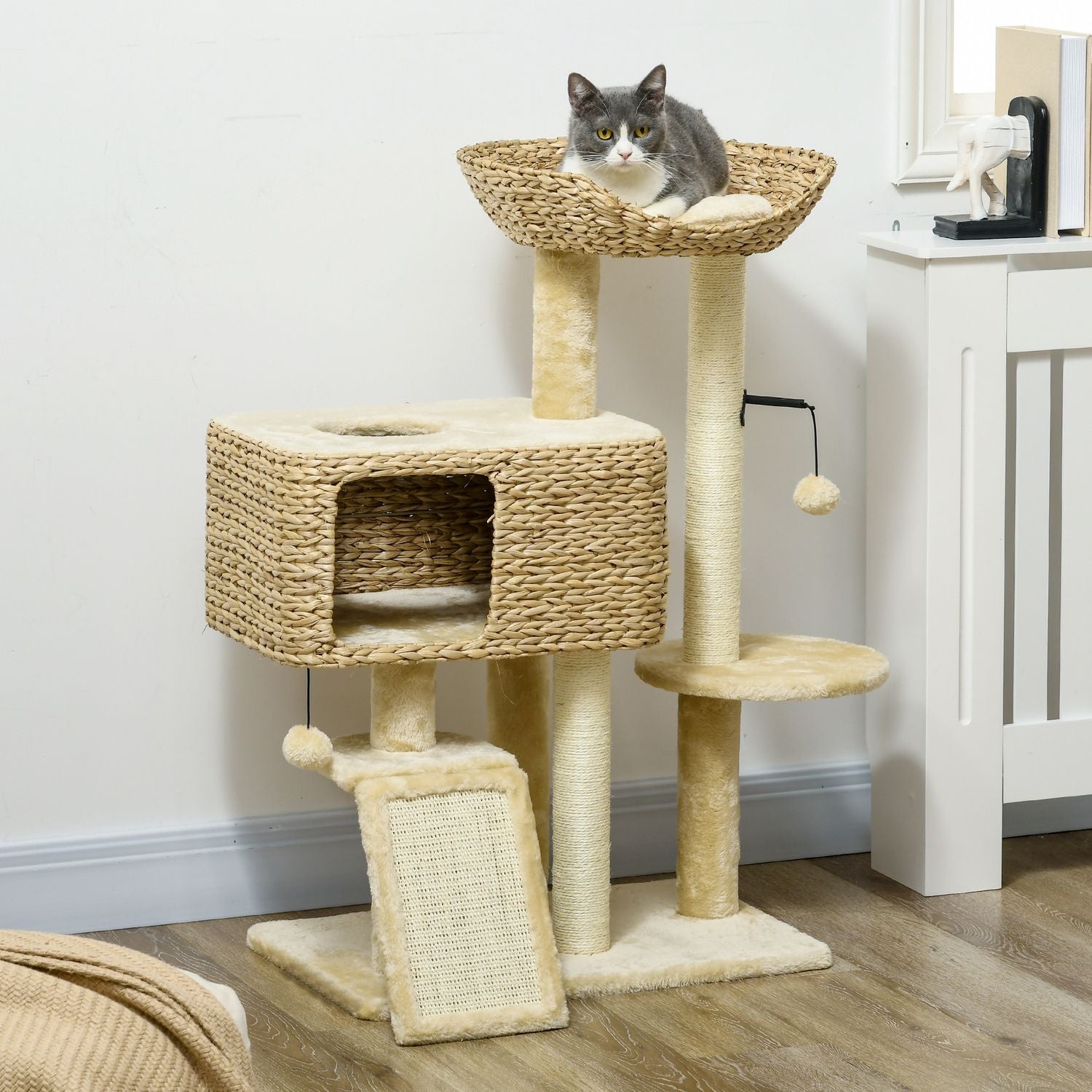 Kattträd 98cm med Sisal, 2 bäddar, Toy Ball, Beige