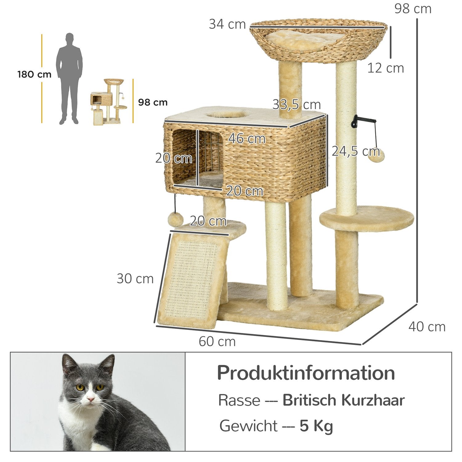Kattträd 98cm med Sisal, 2 bäddar, Toy Ball, Beige