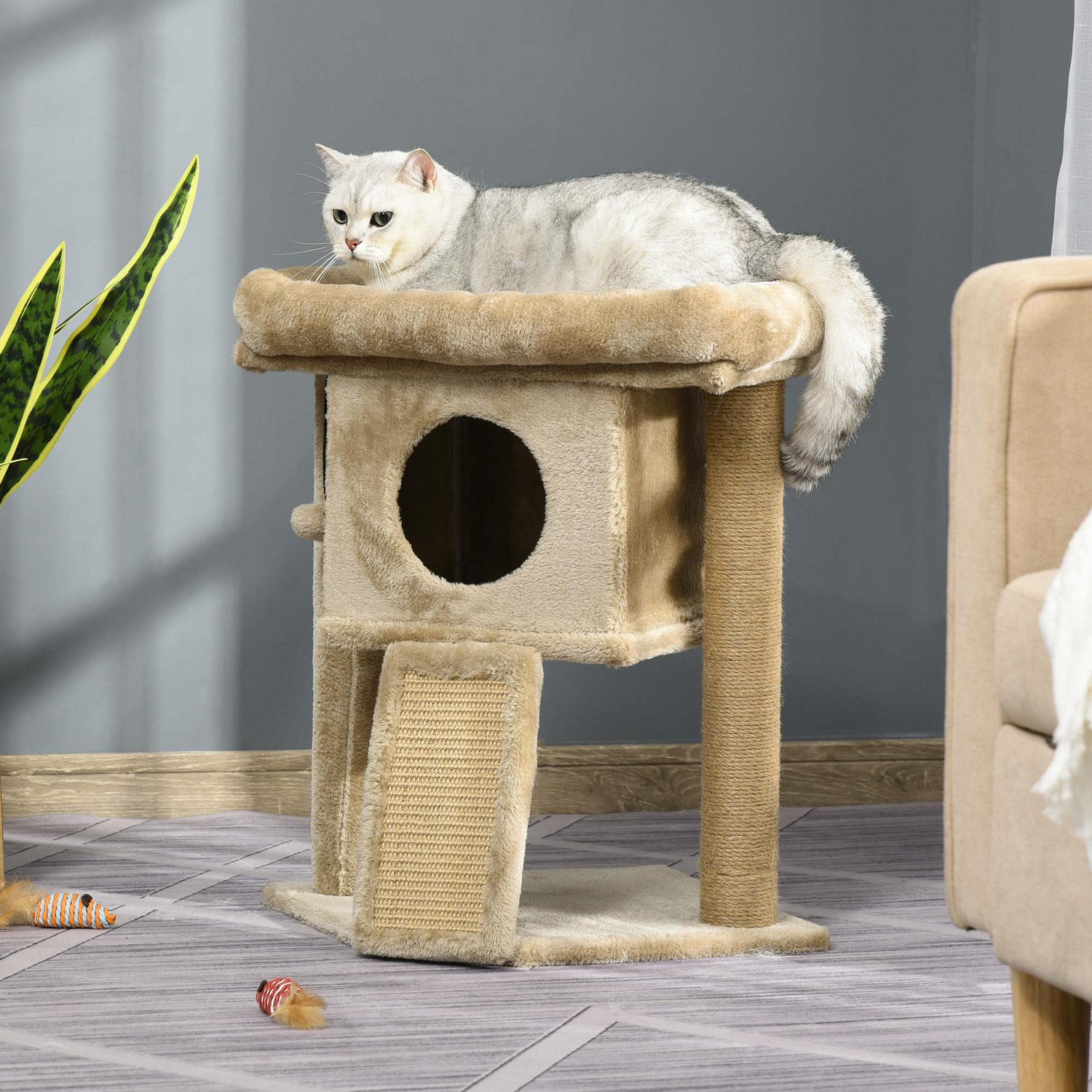 Kattträd med juteskrapsmatta, plyschabborre och dörrhål