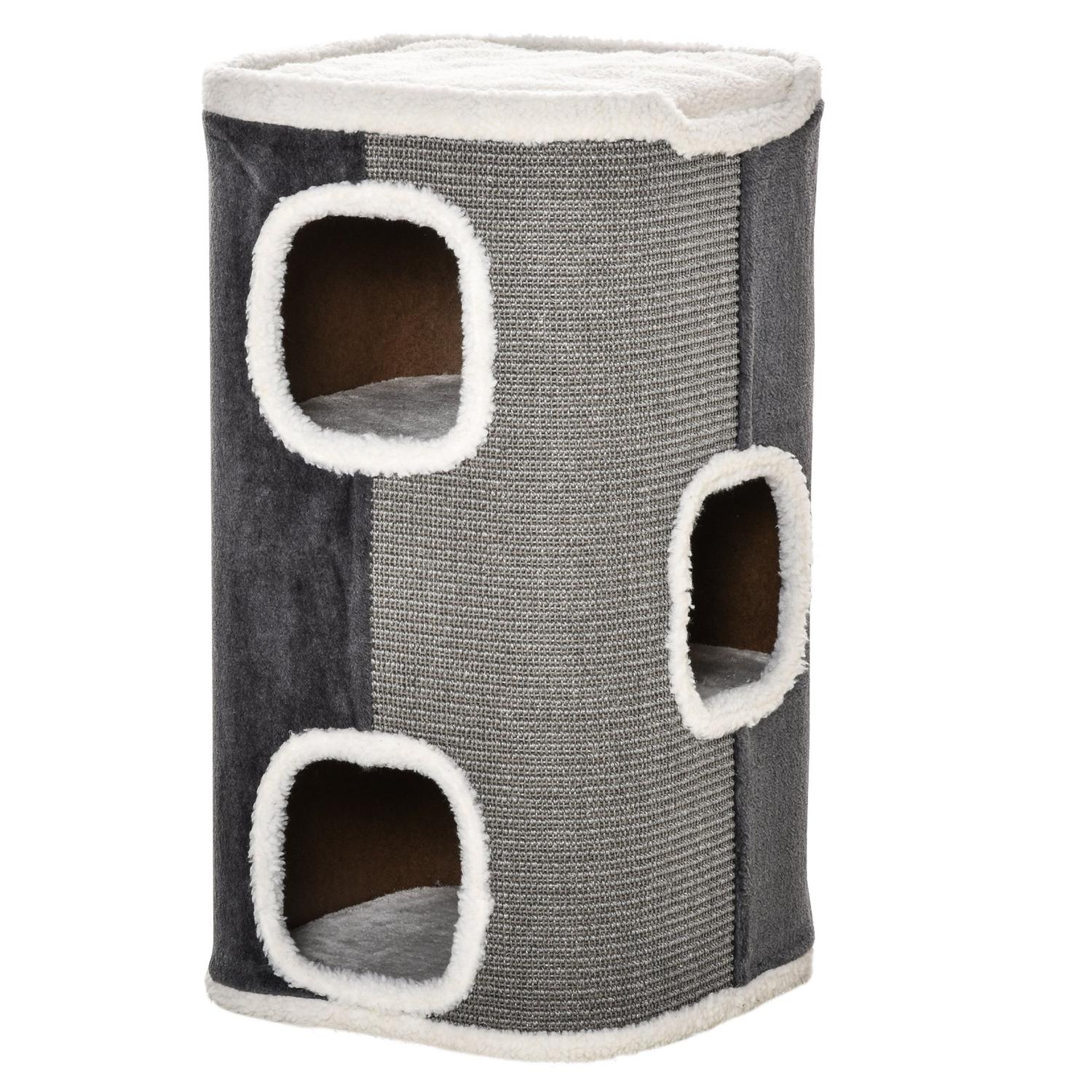 Kattträd med 3 nivåer, sisal & sammetslen tyg, grå/vit