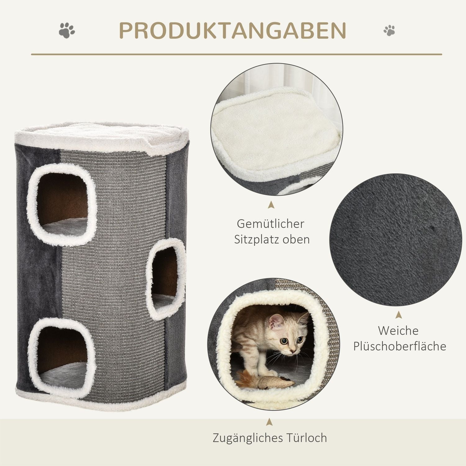 Kattträd med 3 nivåer, sisal & sammetslen tyg, grå/vit