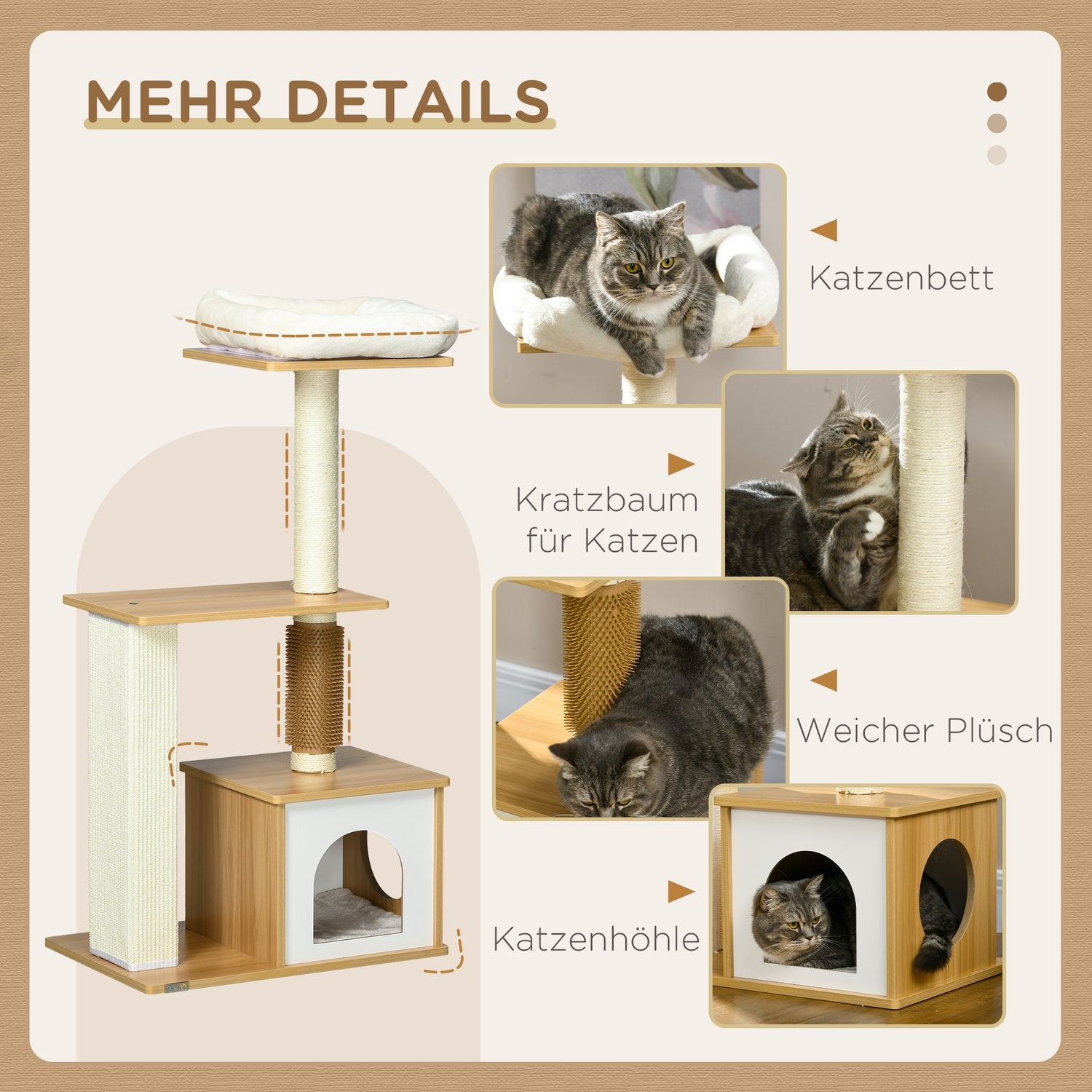 Kattträd med flera nivåer med grotta & skrapstolpe, 114 cm, ek