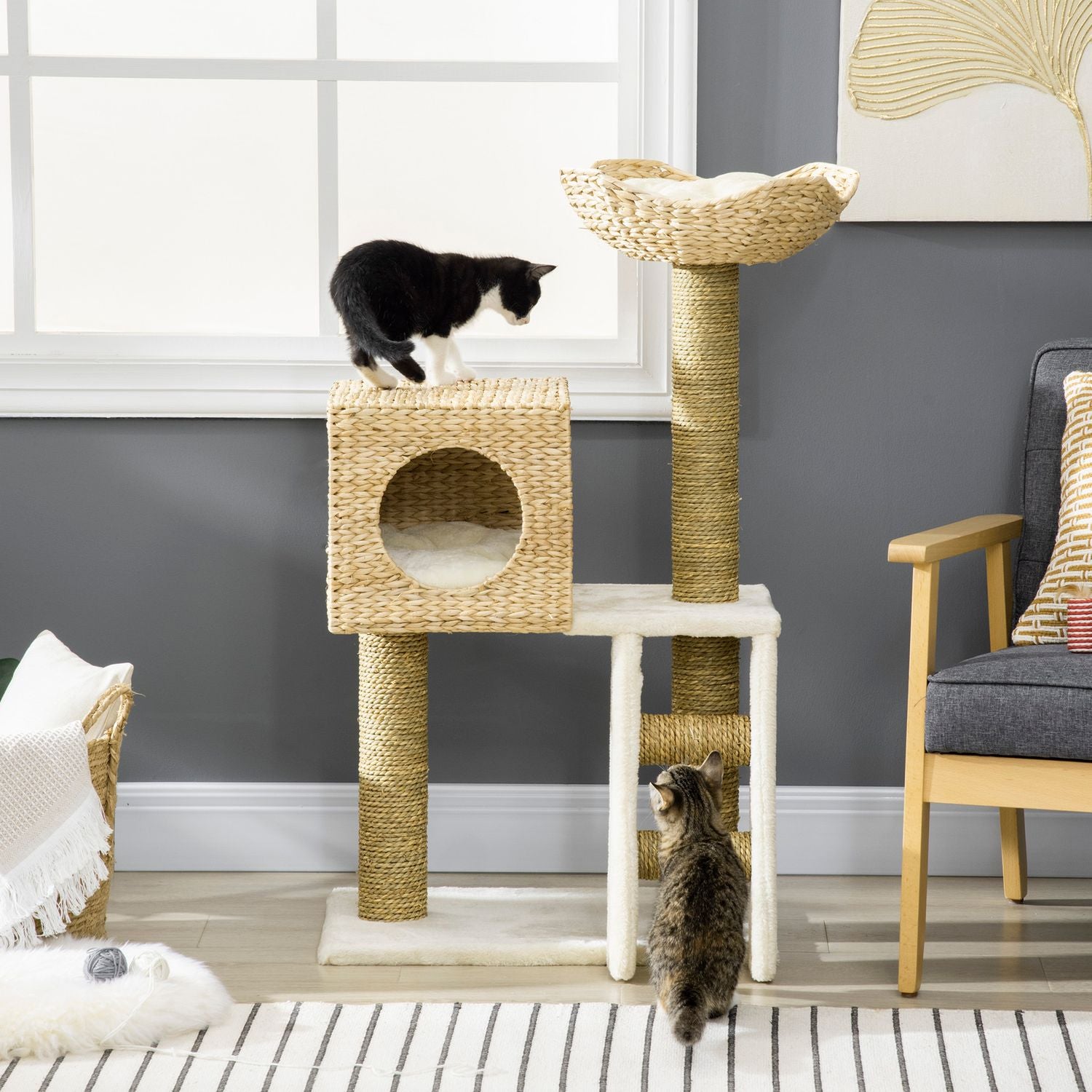Kattträd med grotta, säng, sisalstolpar och trappor