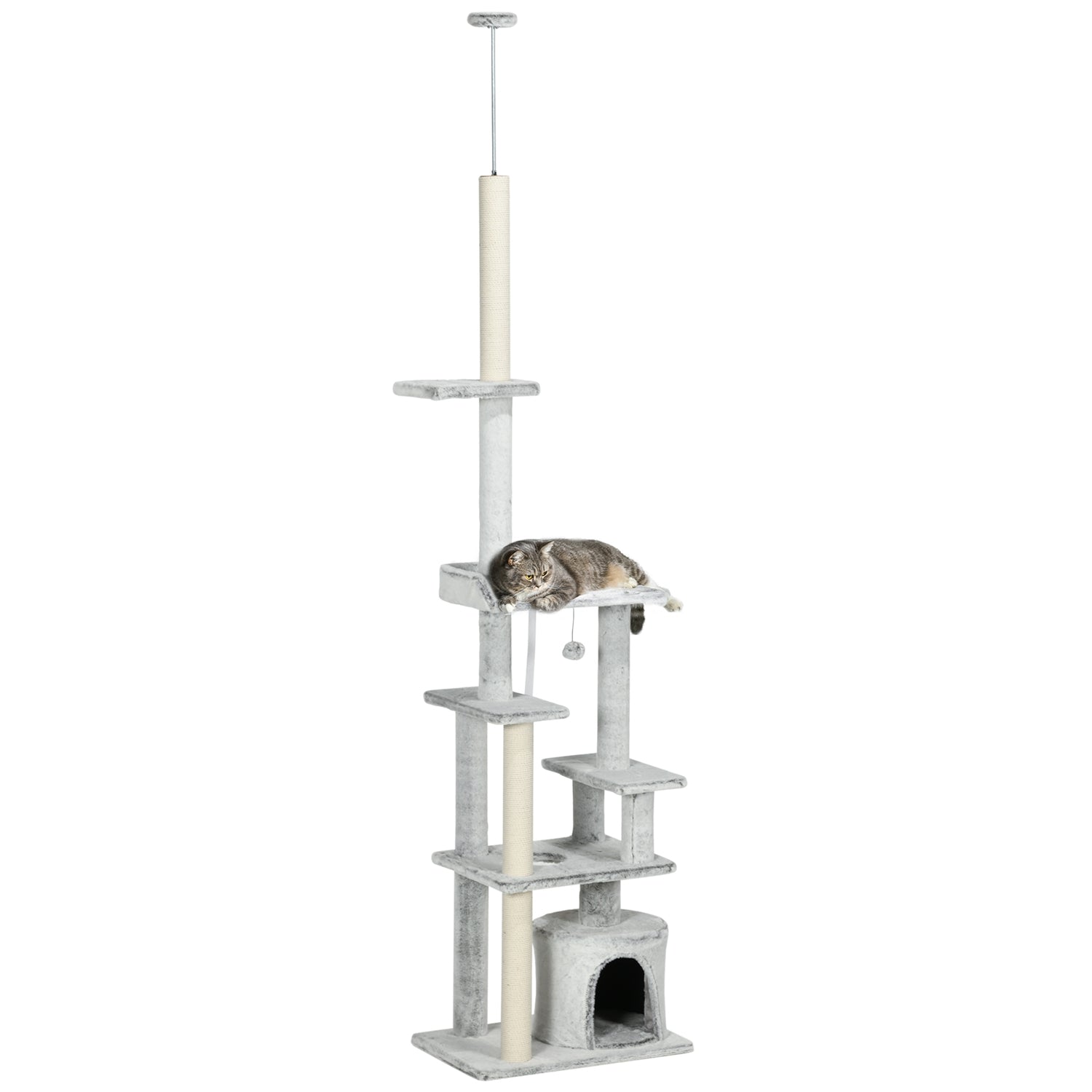 Kattträd med högt i tak, skrapstolpe, ljusgrå, 225-255 cm