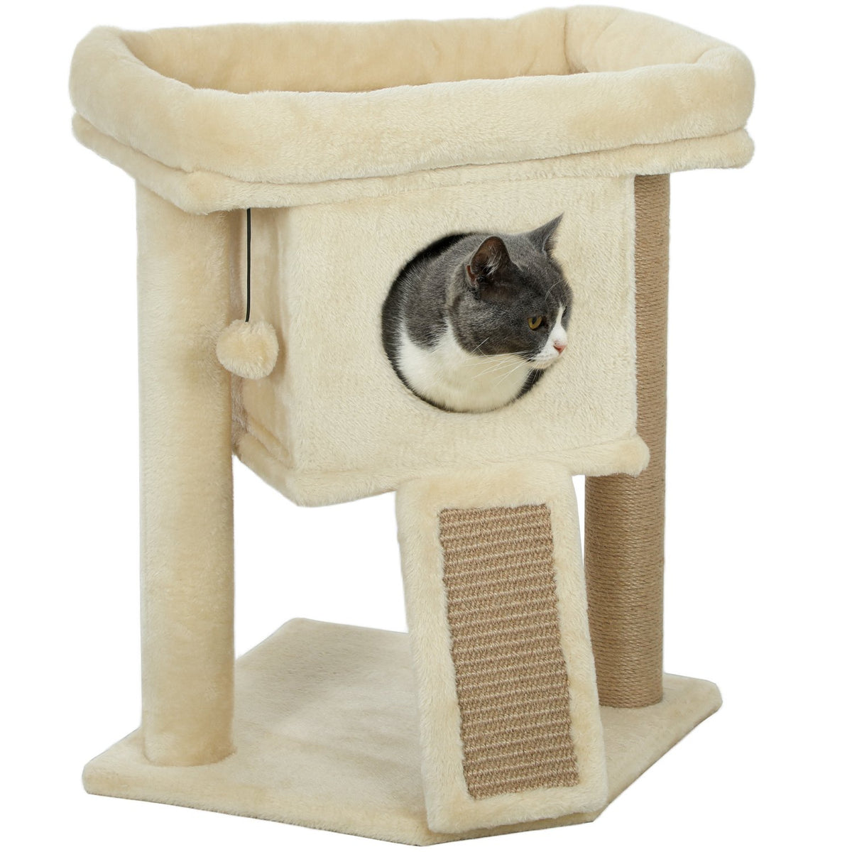 Kattenboom met krabmat van jute, bedje, speelgoedbal, beige