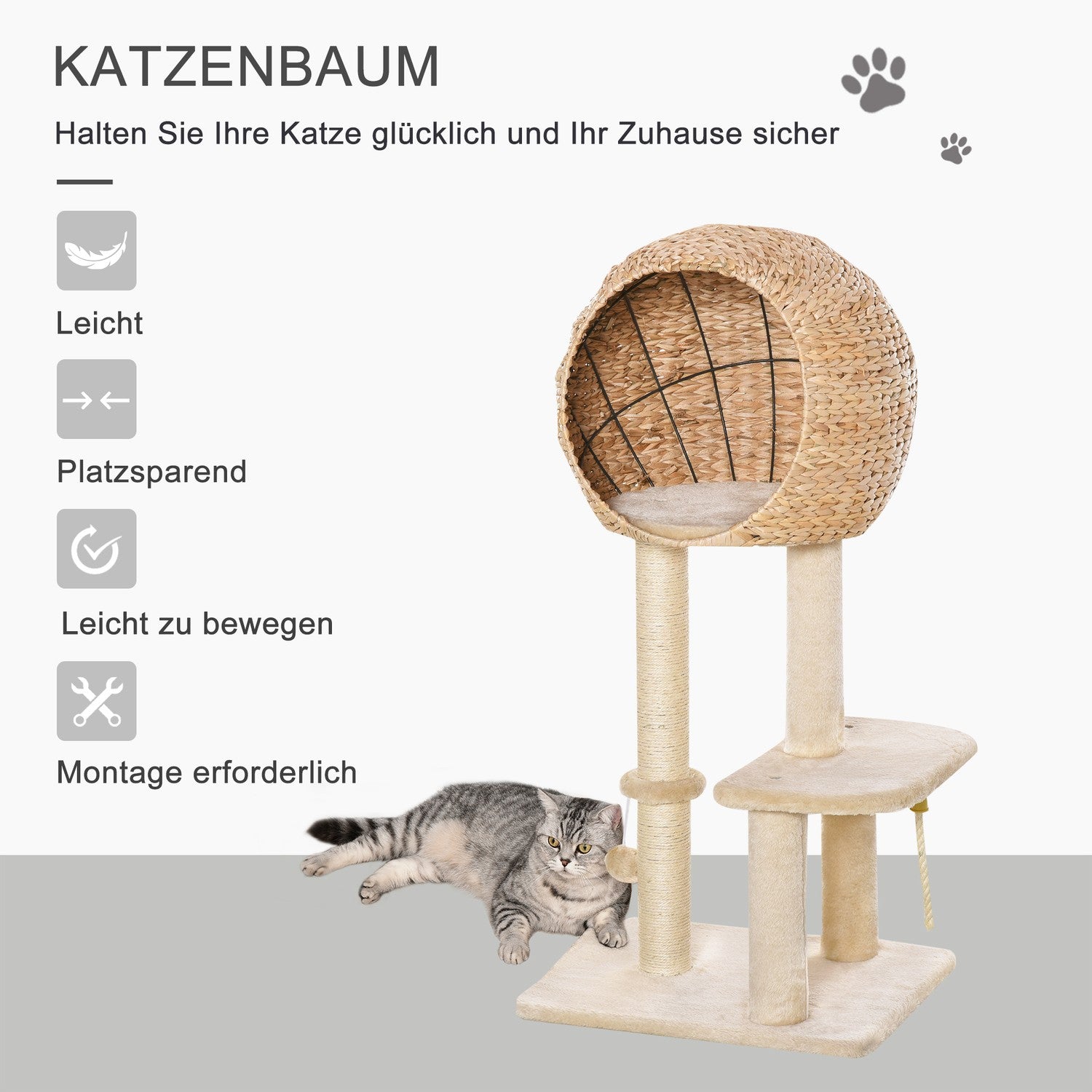 Kattträd med skrapstolpe och grotta, beige, 100 cm hög