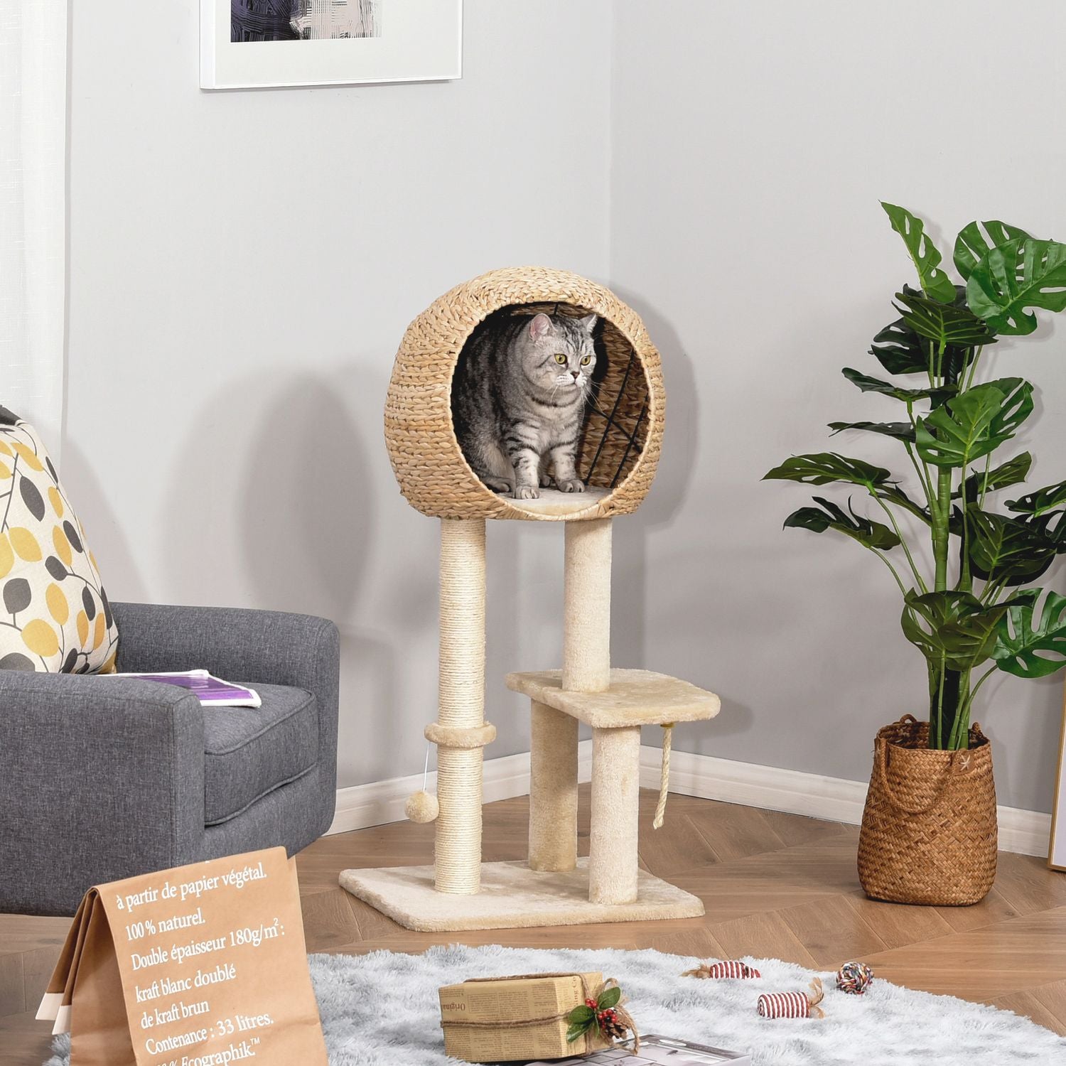 Kattträd med skrapstolpe och grotta, beige, 100 cm hög