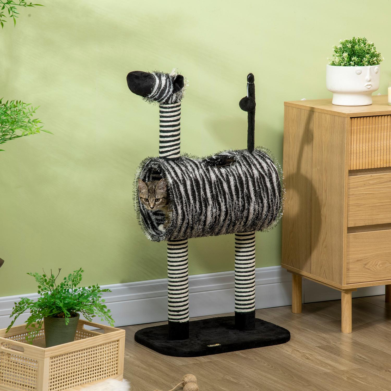 Kattträd med skrapstolpe och tunnel, Zebra Design
