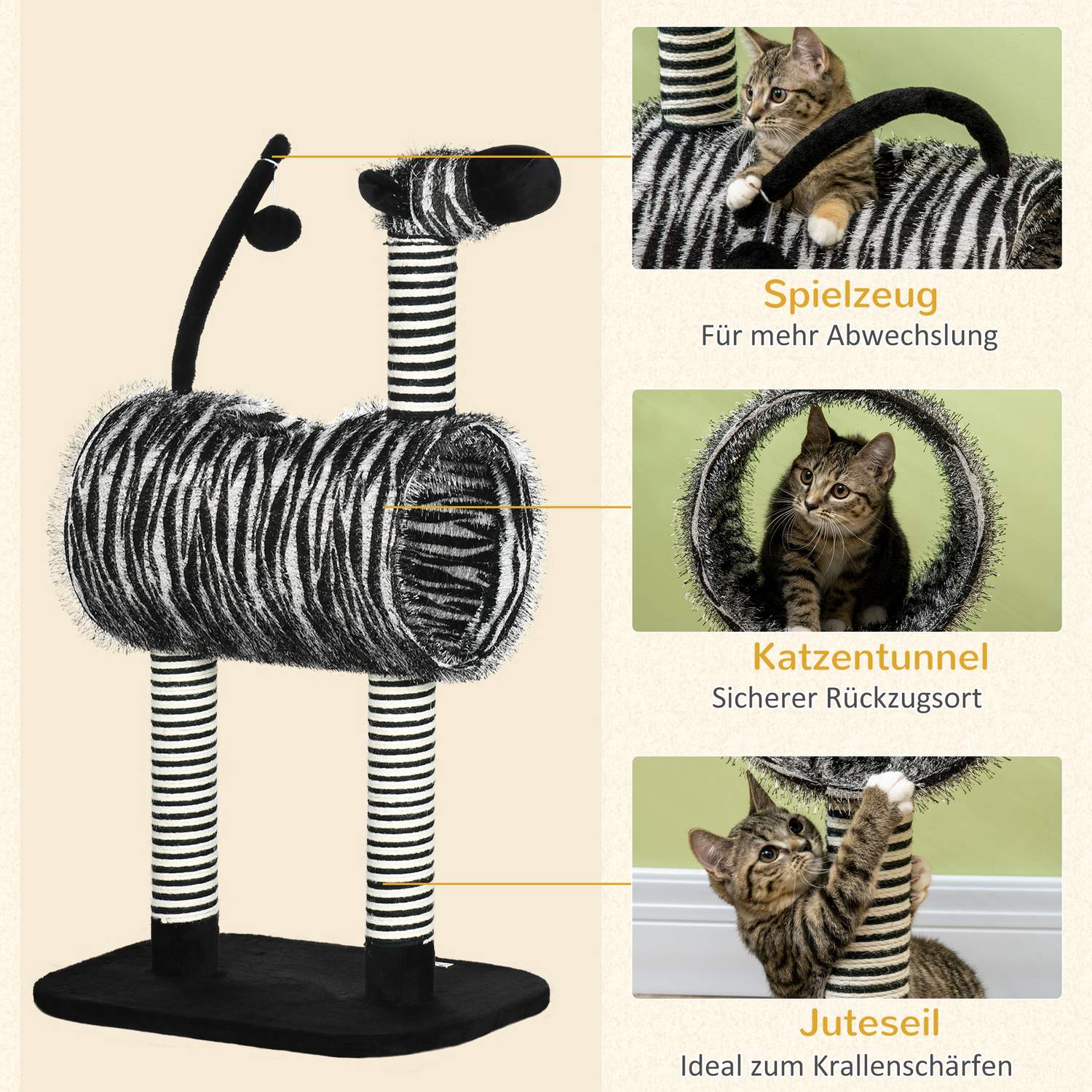 Kattträd med skrapstolpe och tunnel, Zebra Design