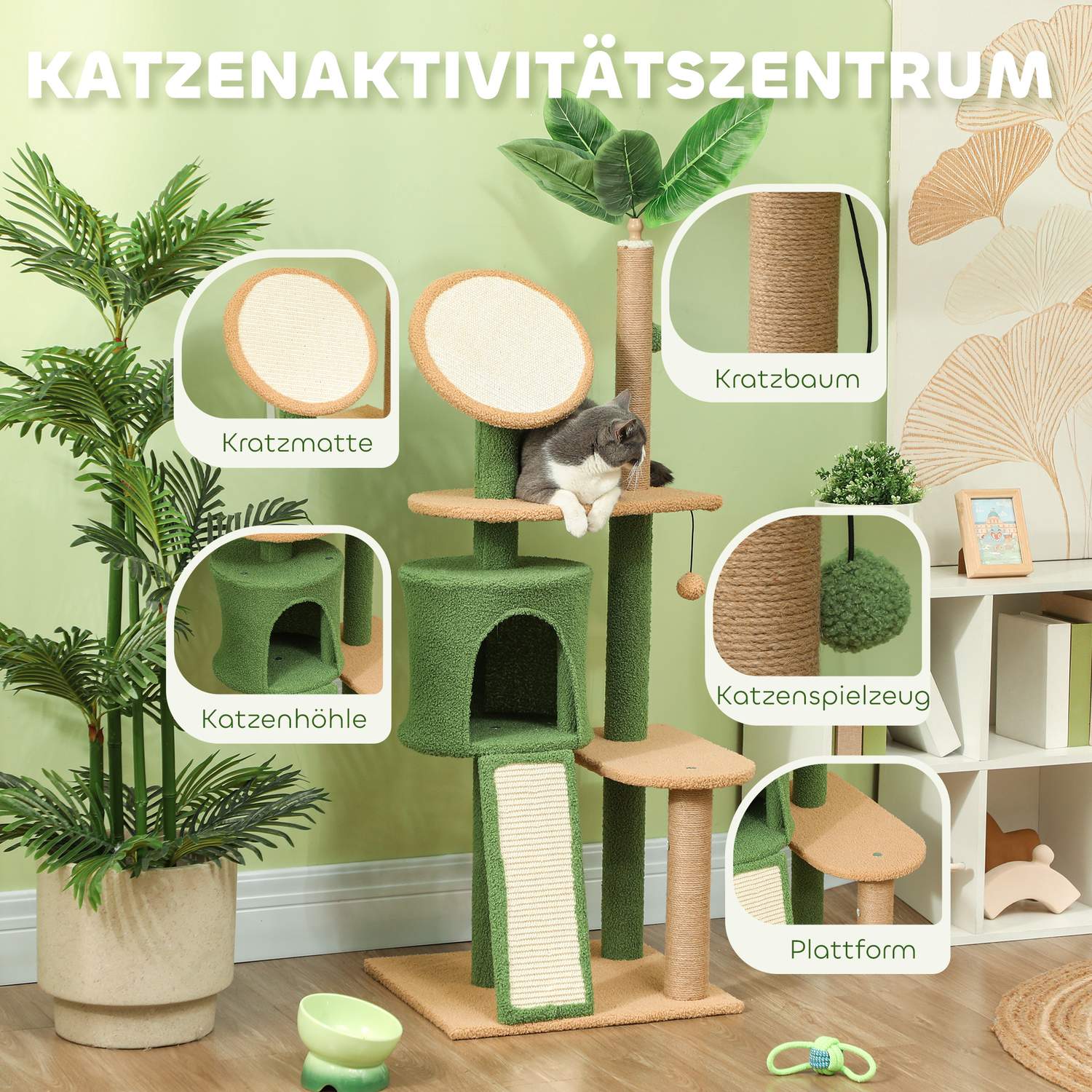 Kattträdskrapstolpe 139 cm med grotta, lekboll, grön