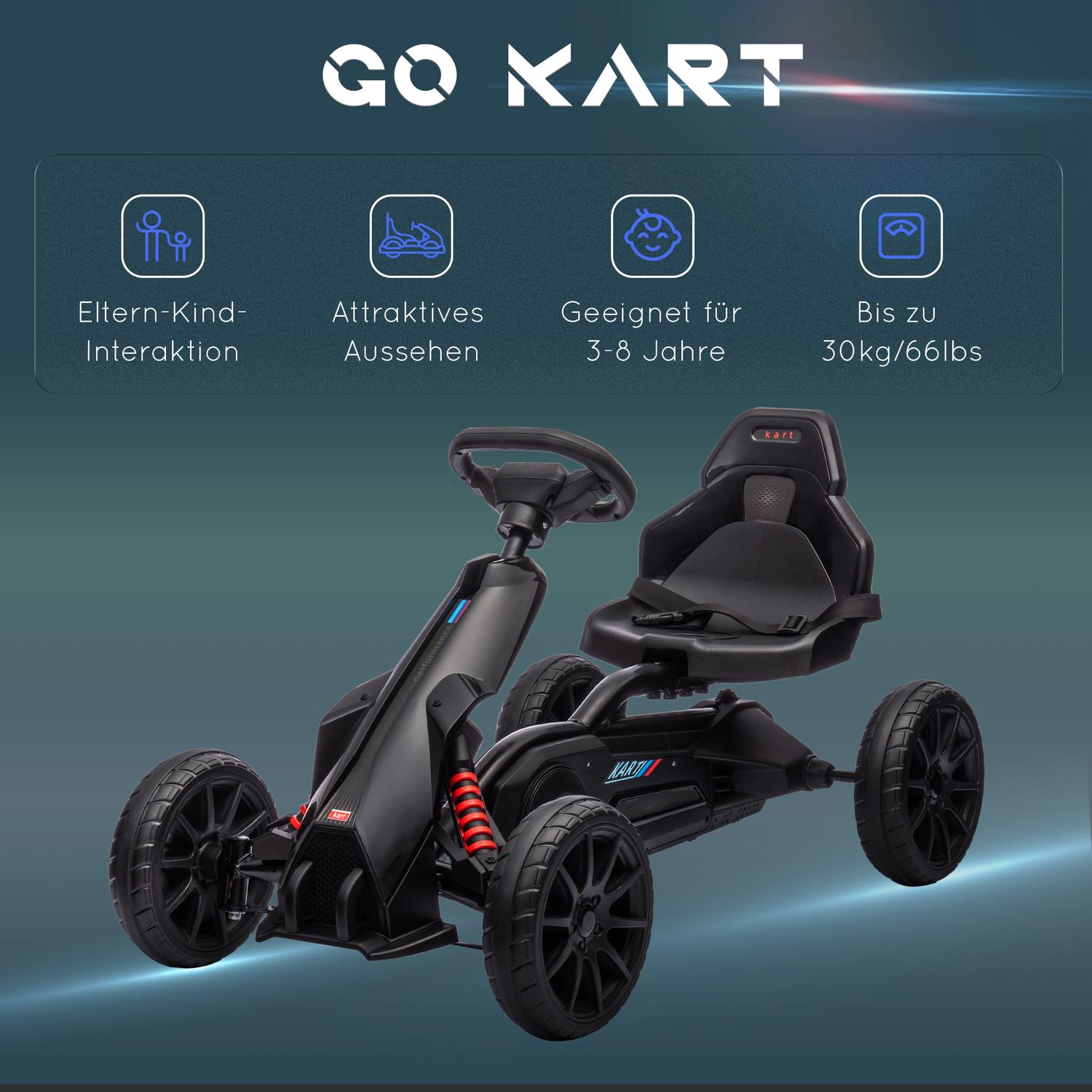 Kids Pedal Go-Kart, justerbar sits & handbroms, svart