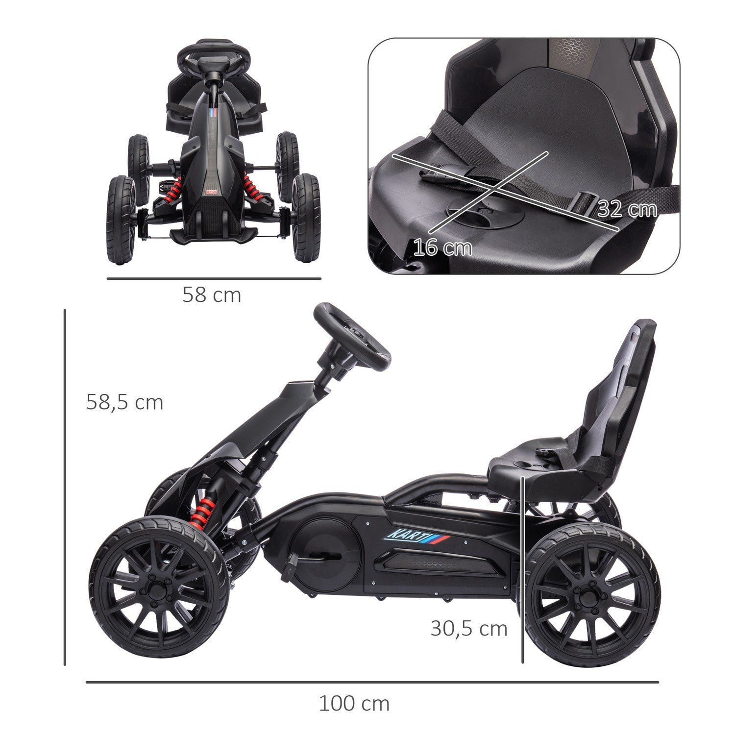 Kids Pedal Go-Kart, justerbar sits & handbroms, svart