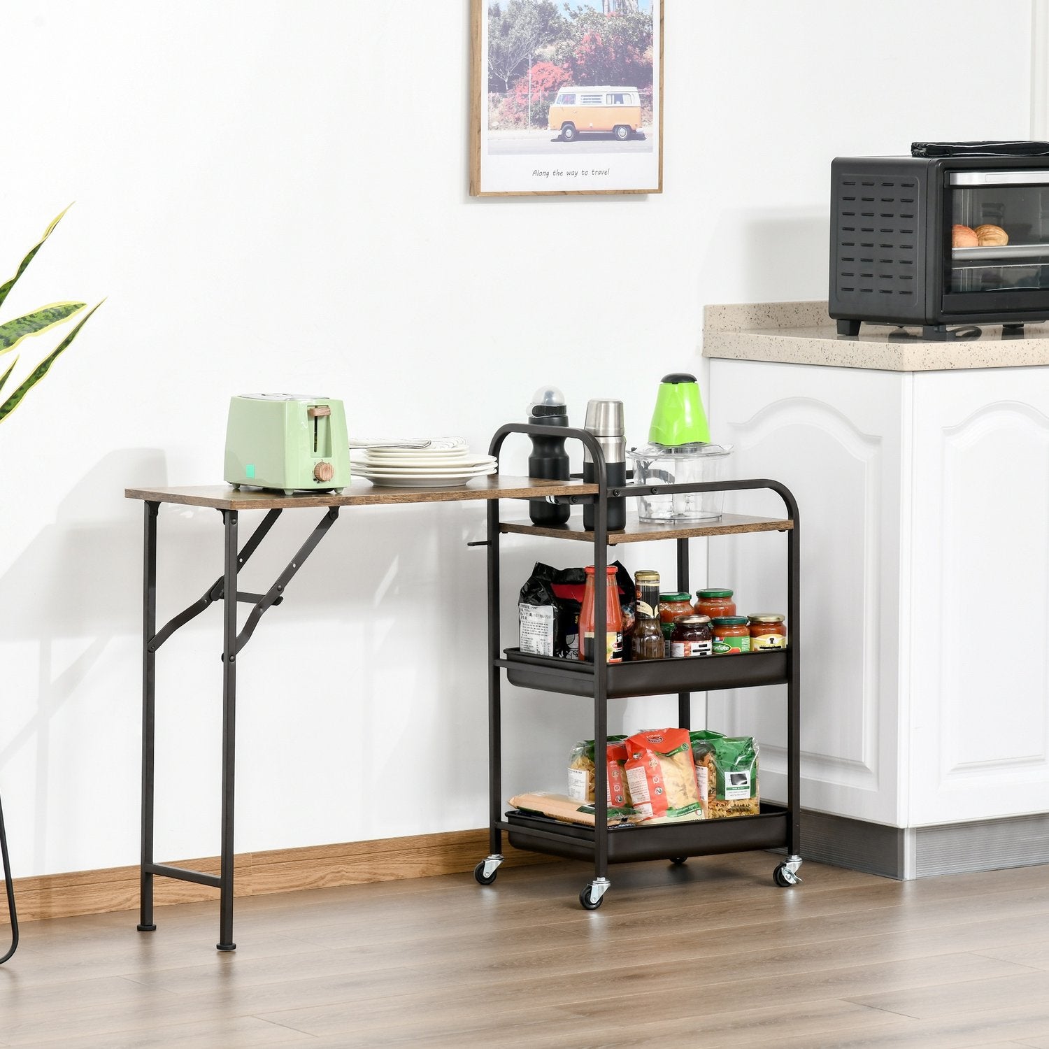 Köksvagn med hopfällbart bord, 2 brickor, hjul