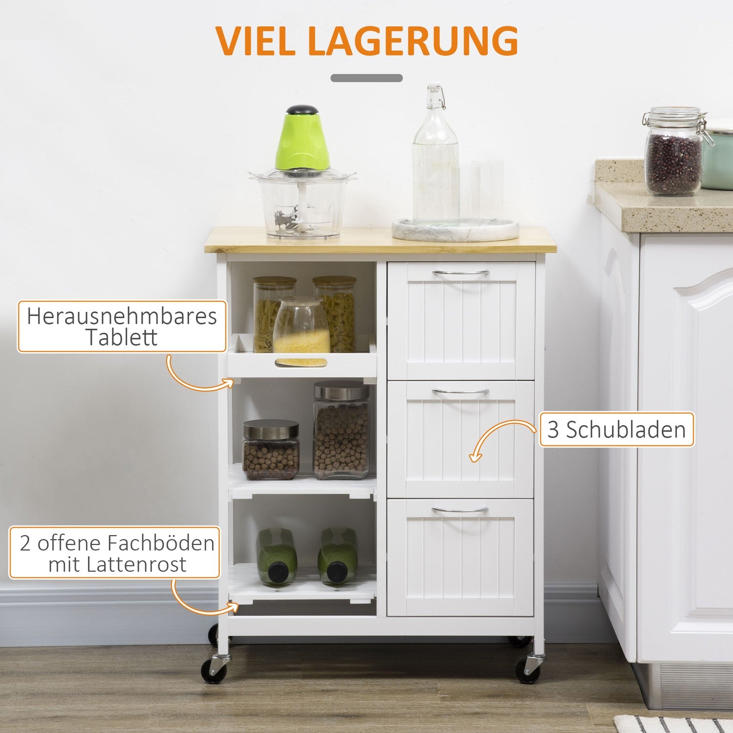 Vit köksvagn, 3-lådor 3-vånings förvaring med bänkskiva