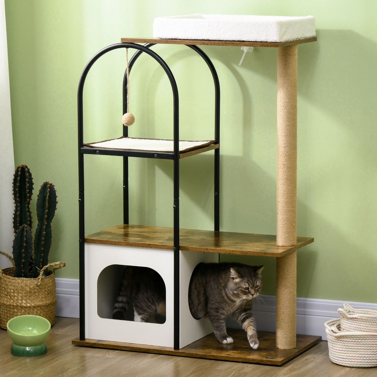 Kattträd 118,5 cm med grotta, säng & skrapmatta
