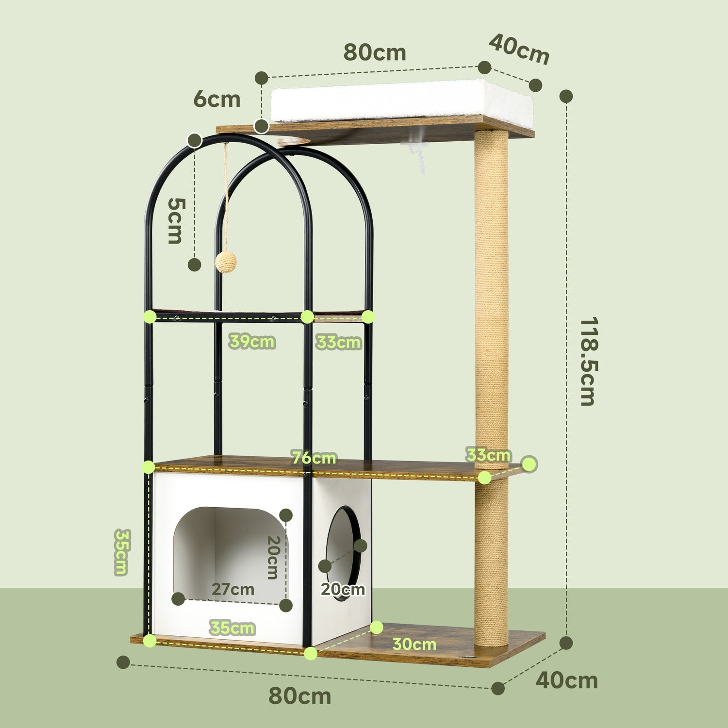 Kattträd 118,5 cm med grotta, säng & skrapmatta