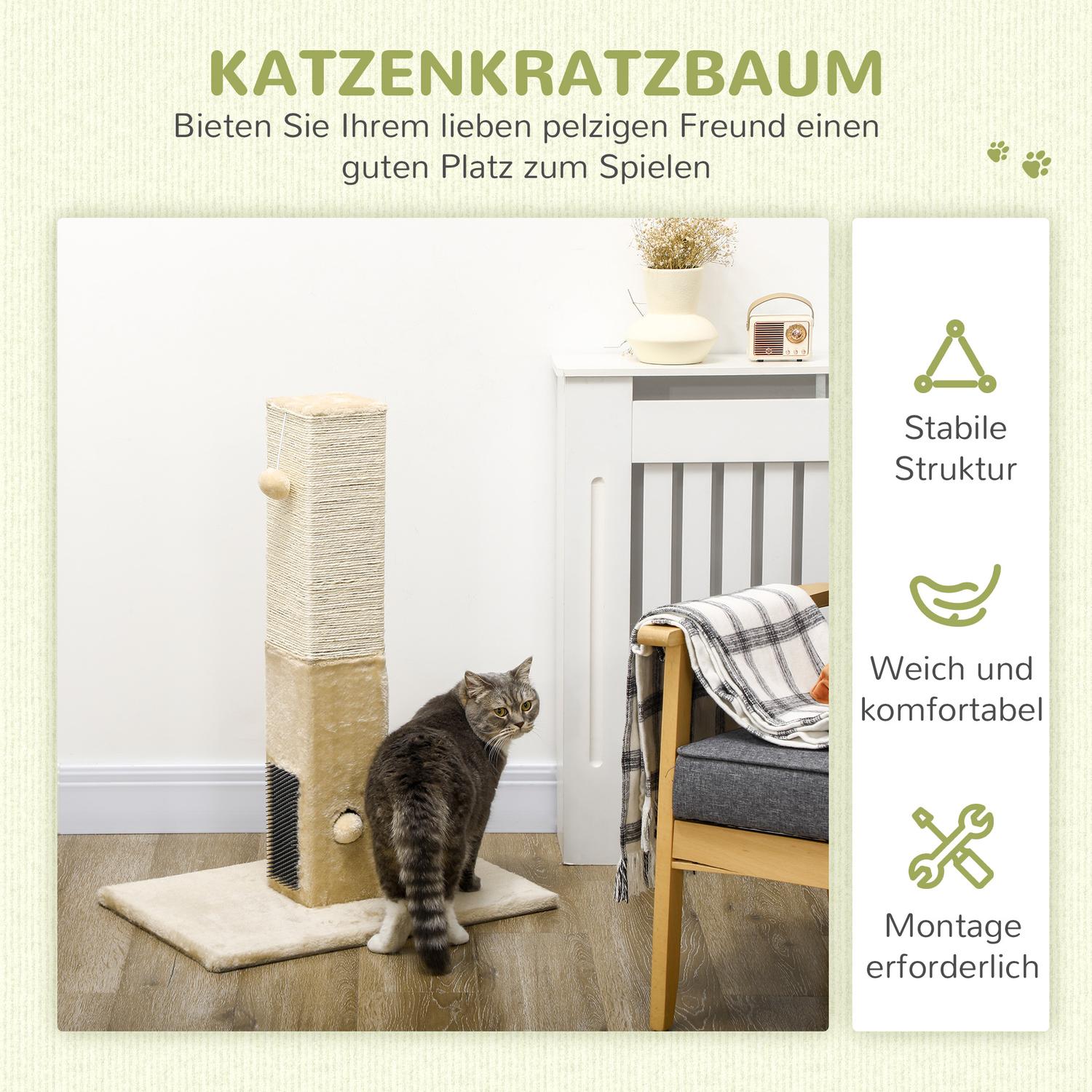 Beige kattskrapstolpe, jutematerial, med lekboll