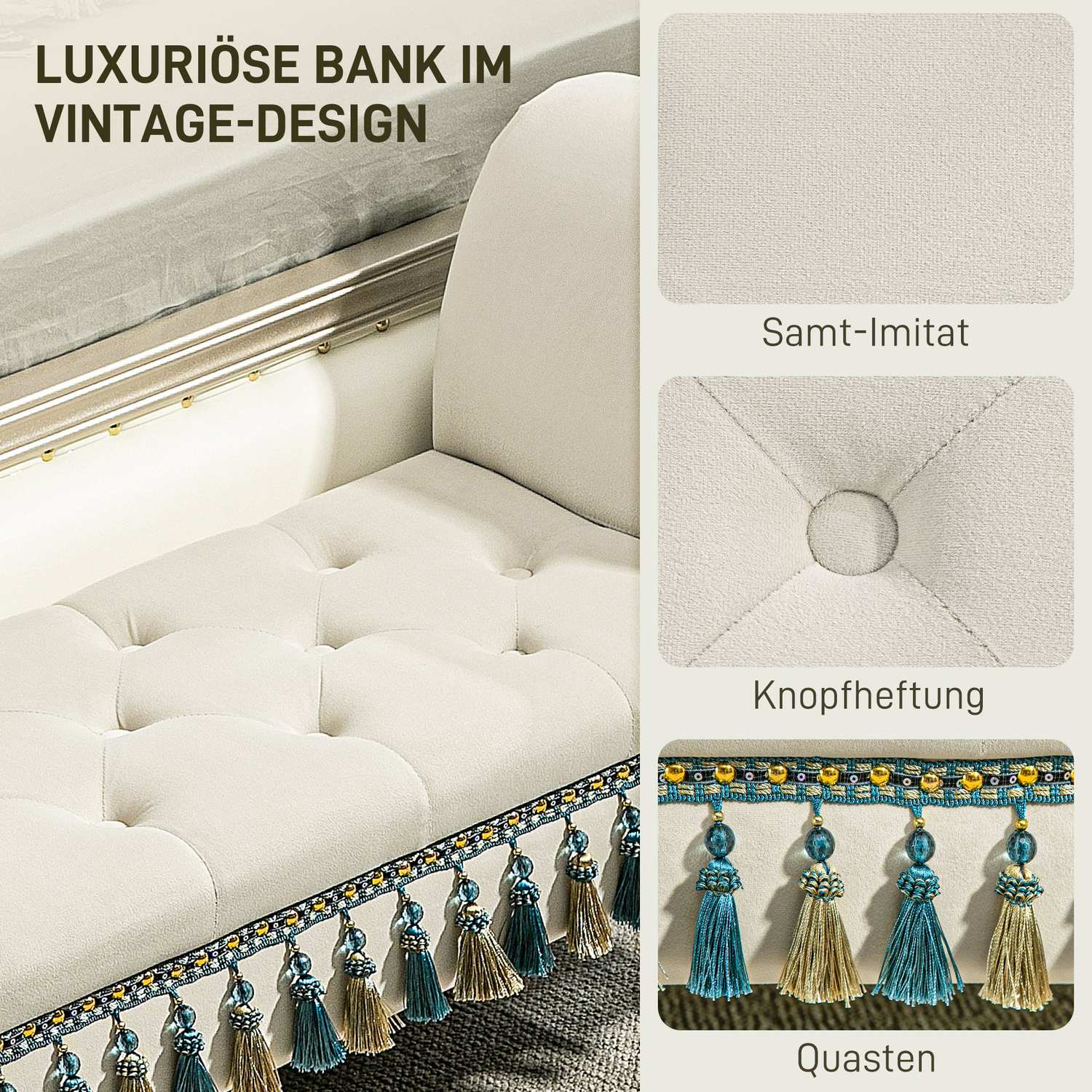 Beige sammetstoppad bänk med förvaring och armstöd