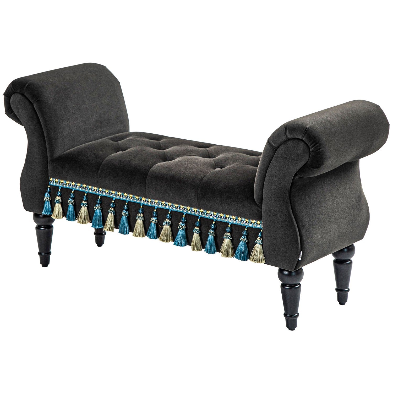 Sammetsklädd bänk med förvaring, vintagedesign, mörkgrå