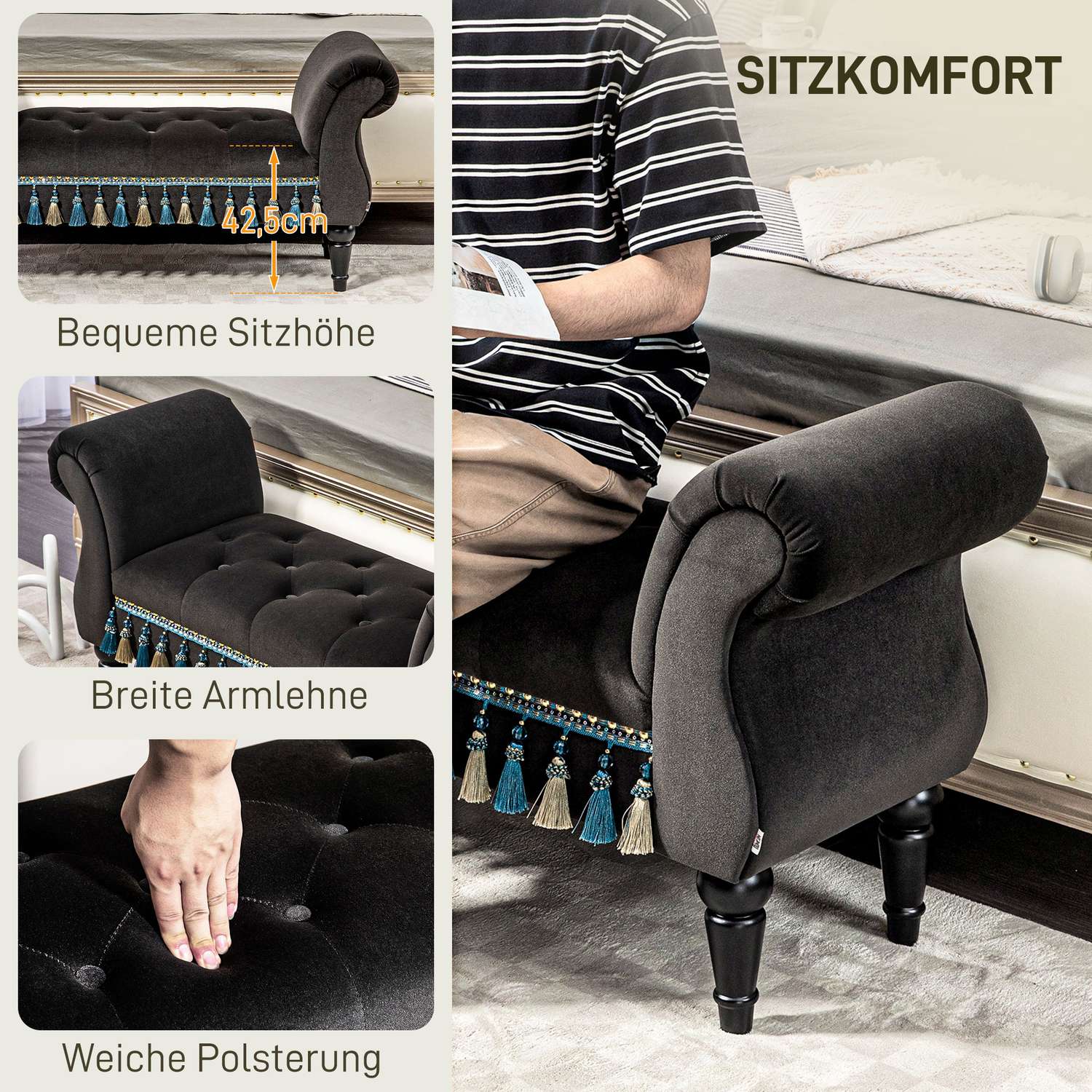 Sammetsklädd bänk med förvaring, vintagedesign, mörkgrå