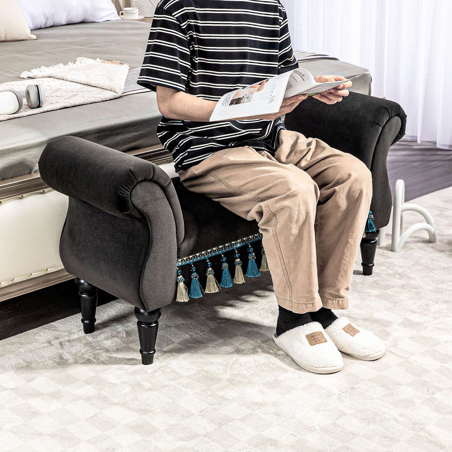 Sammetsklädd bänk med förvaring, vintagedesign, mörkgrå