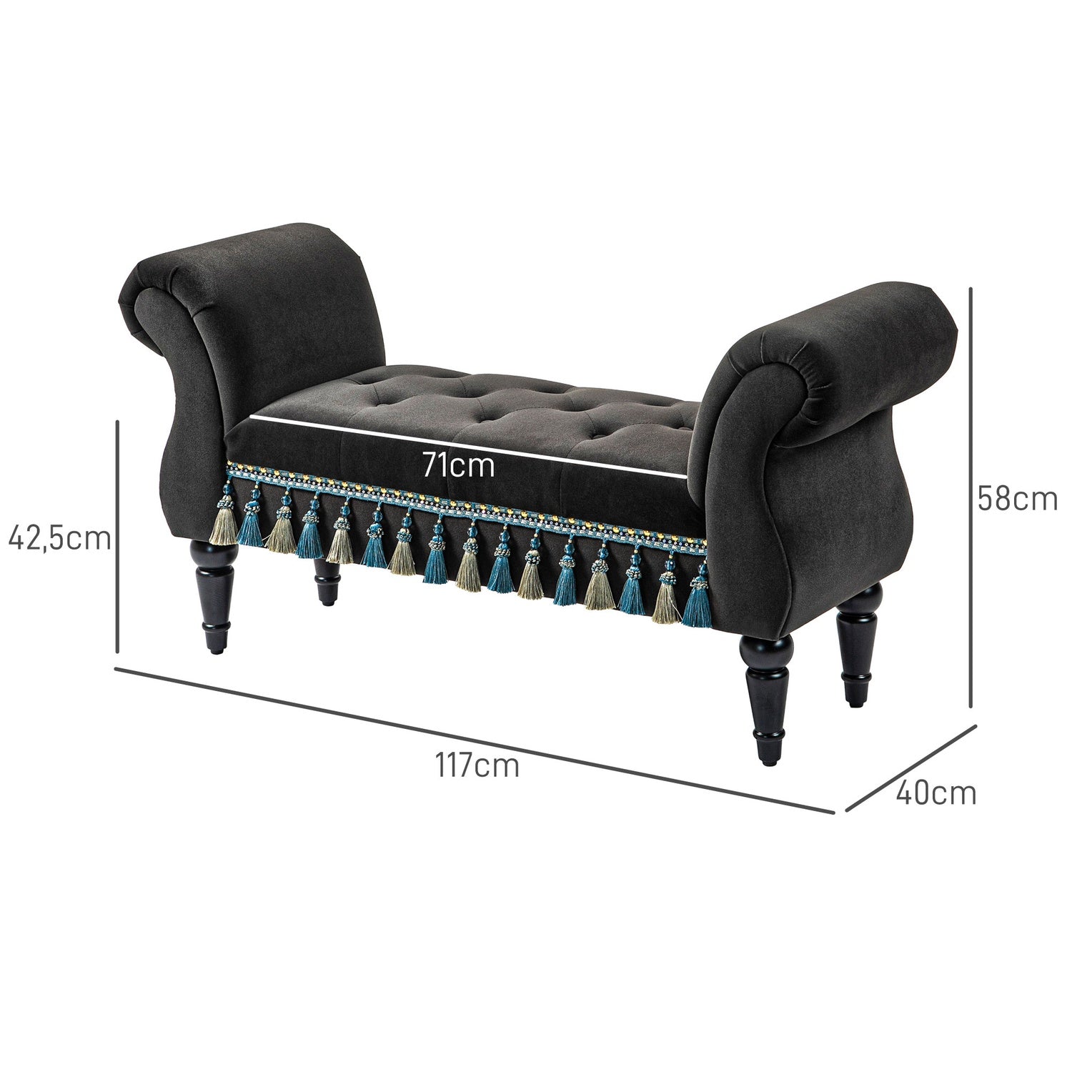 Sammetsklädd bänk med förvaring, vintagedesign, mörkgrå
