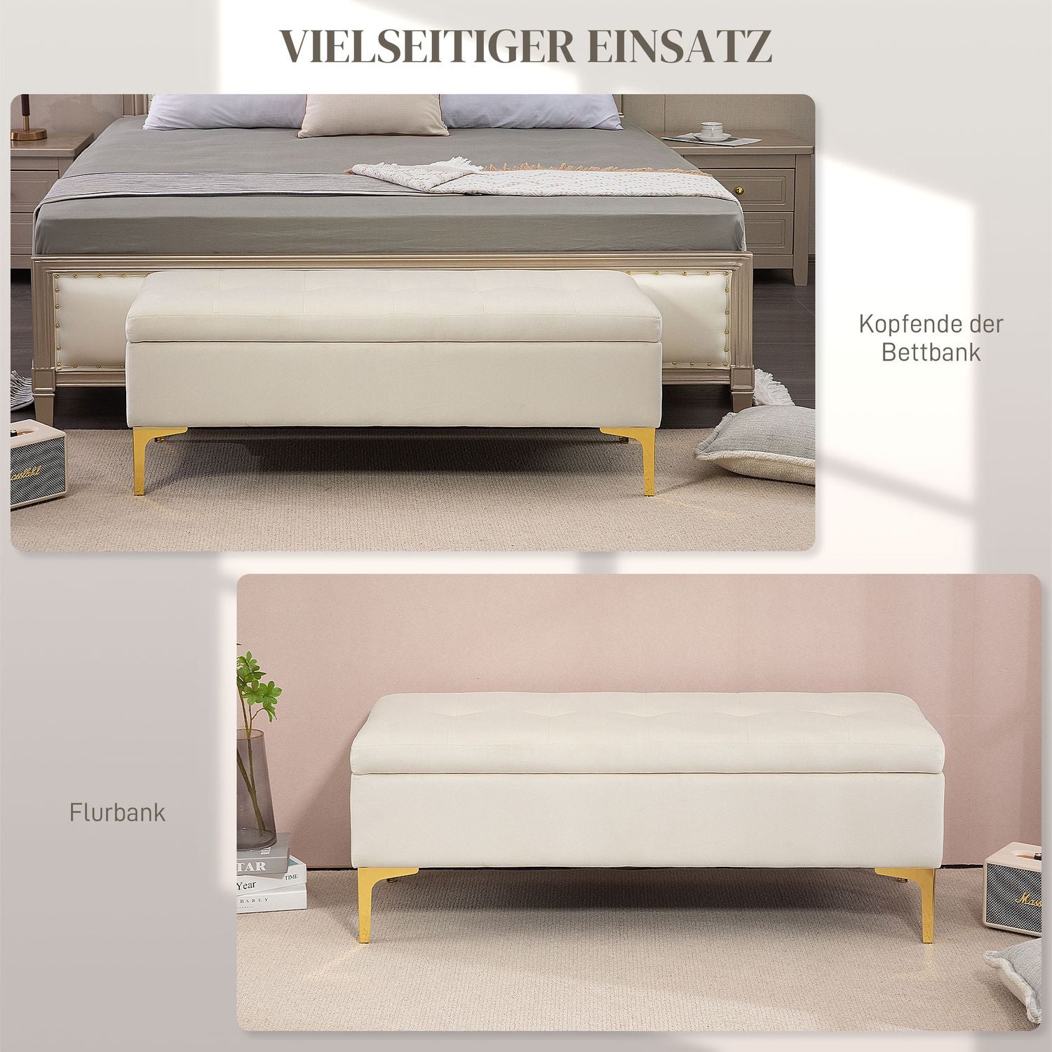 Klädd sammetsbänk med metallben, 120cm – Beige