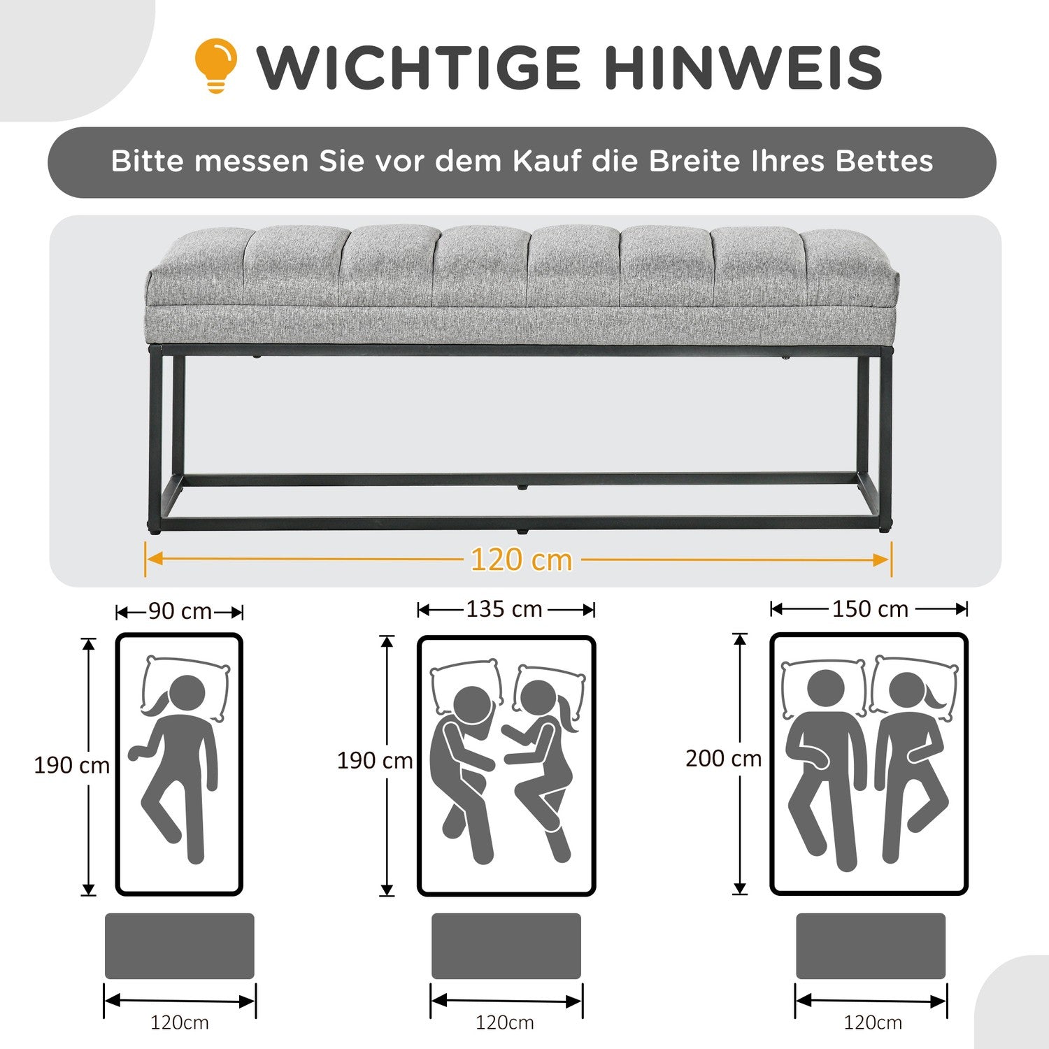 Klädd sängbänk, ljusgrå linne, 120x44x45,5 cm, 200 kg kapacitet