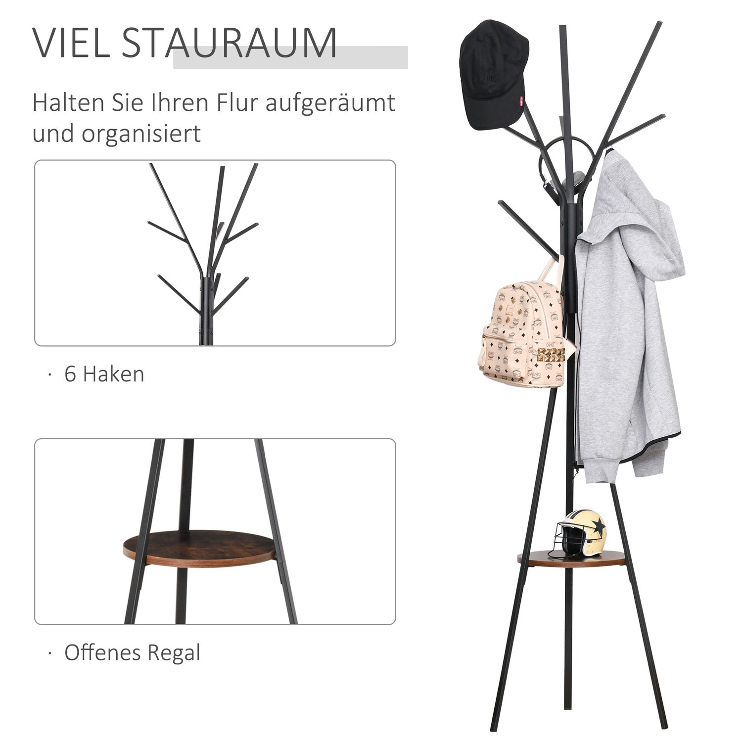 Klädställ i brun metall med hylla – 8 krokar, 45x45x180cm