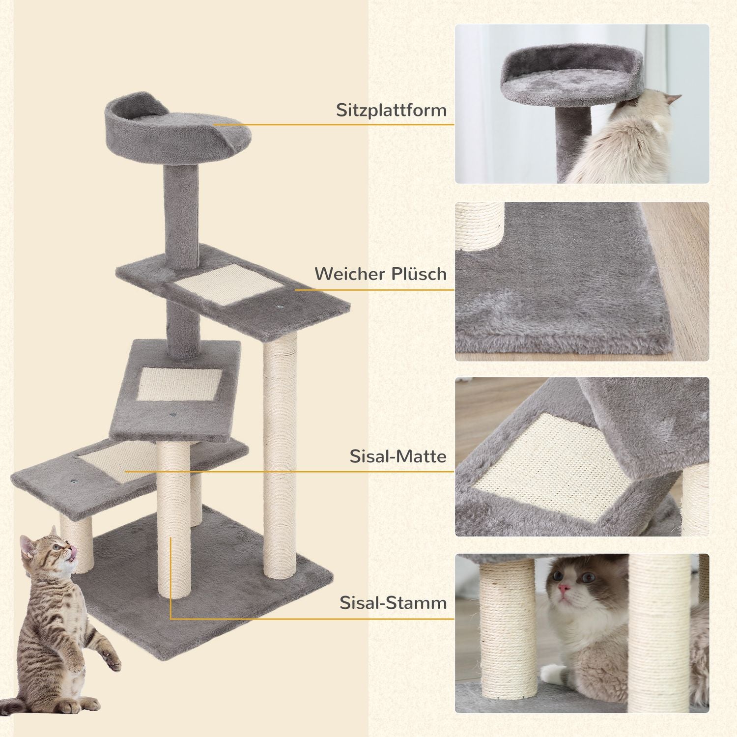 Kattträd med skrapstolpe, 5 nivåer, beige/grå